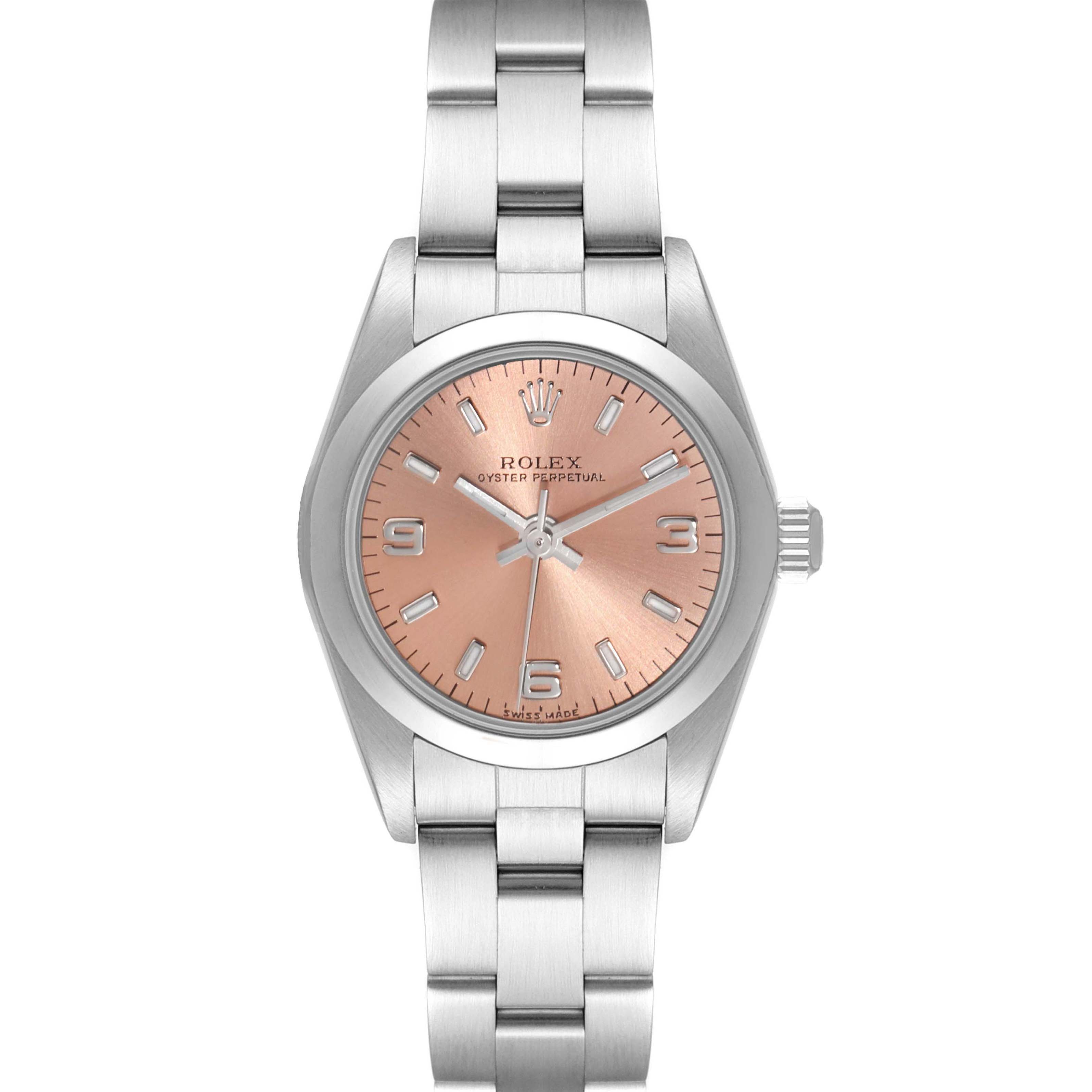 This Rolex Oyster Perpetual 76080 Women's Stainless Steel Pink Dial 76080 Women's Stainless Steel Pink Dial watch is displayed from a top-down angle, showcasing its pink dial and stainless steel bracelet.
