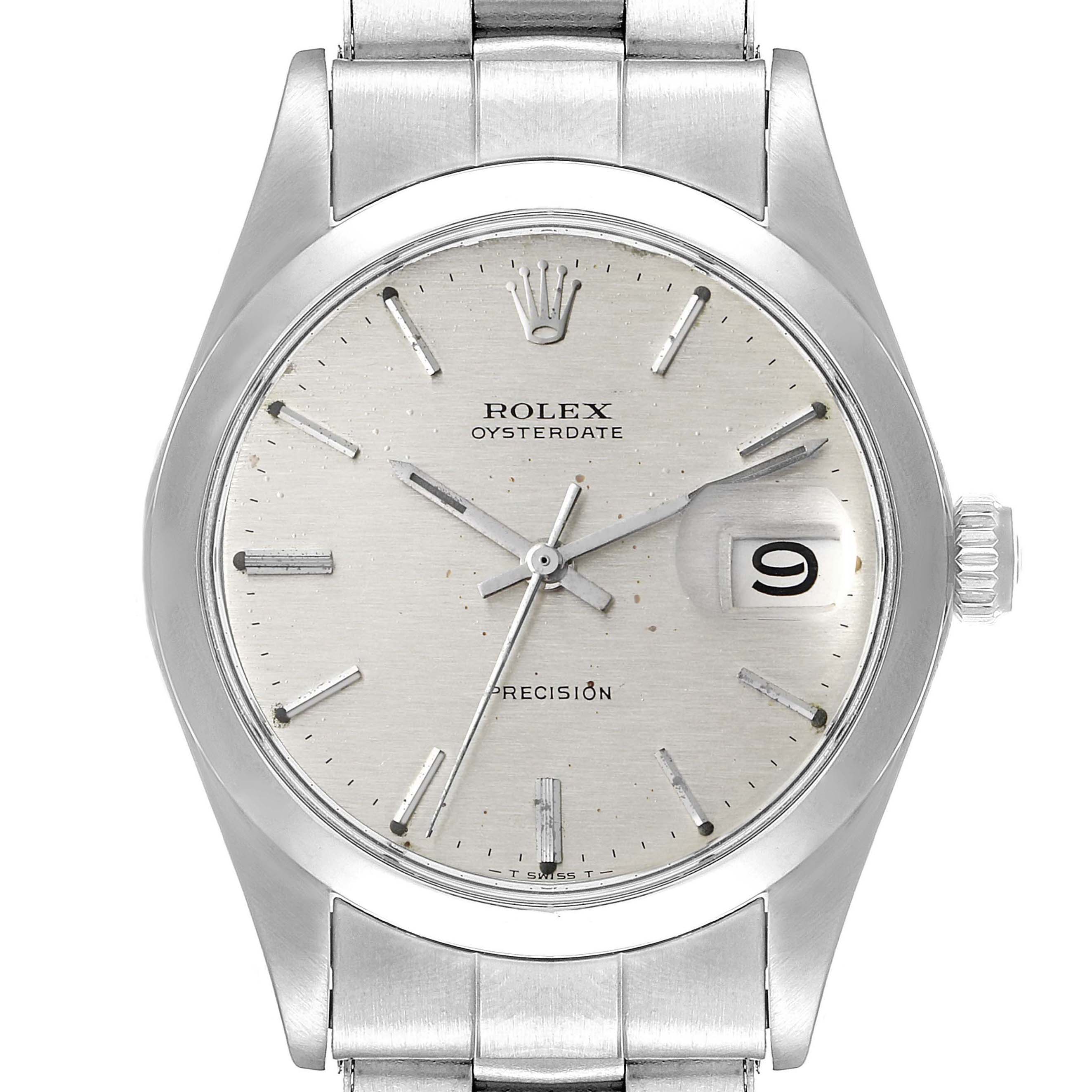 The image shows a front view of a Rolex Vintage Collection 6694 Men's Stainless Steel Silver Dial 6694 Men's Stainless Steel Silver Dial Oysterdate watch, featuring its dial, hands, date window, and bracelet.