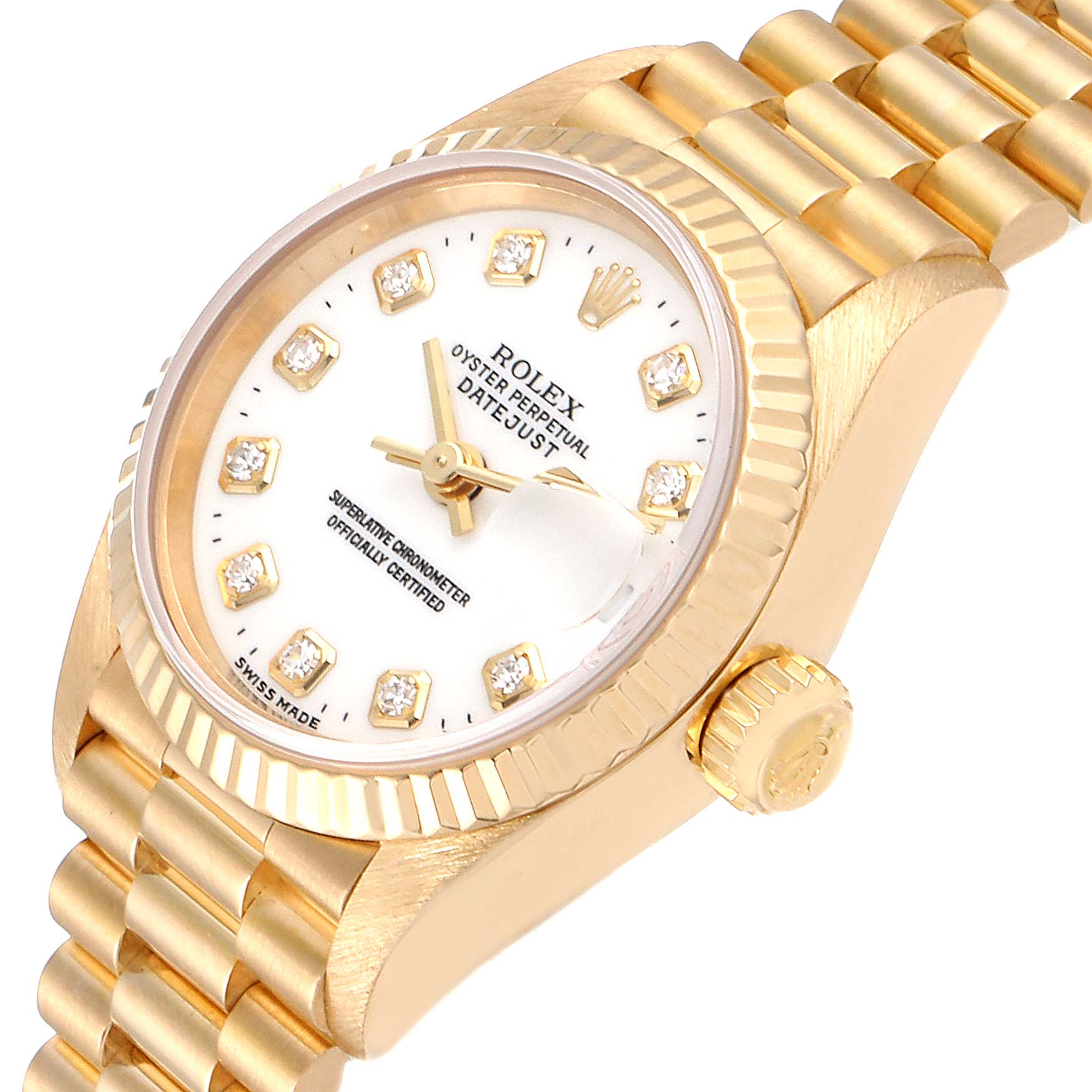 The image shows a Rolex President 69178 Women's Yellow Gold White Dial 69178 Women's Yellow Gold White Dial model watch at an angle, highlighting its face, bezel, crown, and bracelet.