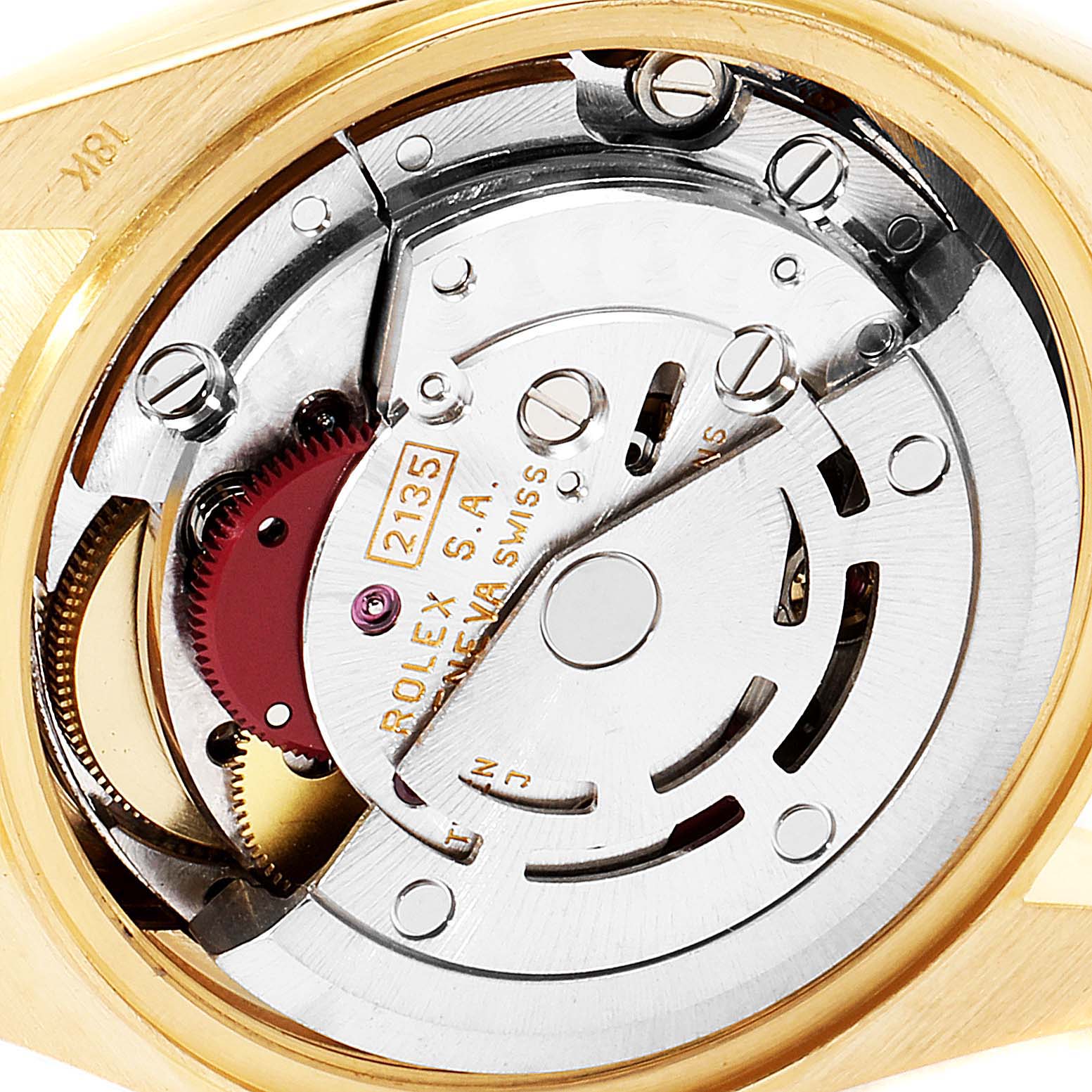 This image shows the inner mechanism of a Rolex President 69178 Women's Yellow Gold White Dial 69178 Women's Yellow Gold White Dial model watch from the back angle.