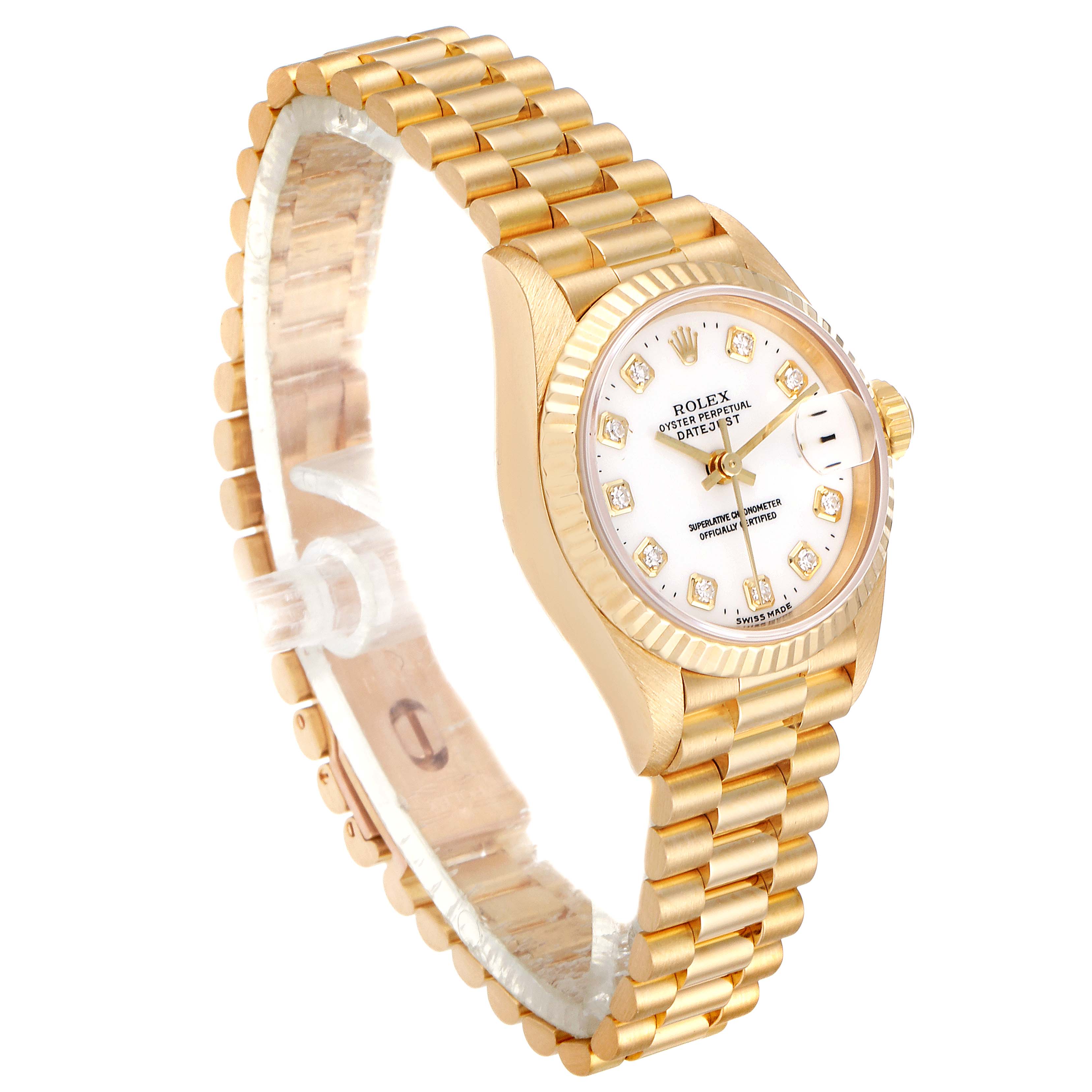 The Rolex President 69178 Women's Yellow Gold White Dial 69178 Women's Yellow Gold White Dial model watch is shown from a three-quarter angle, highlighting the dial, bezel, and gold bracelet.