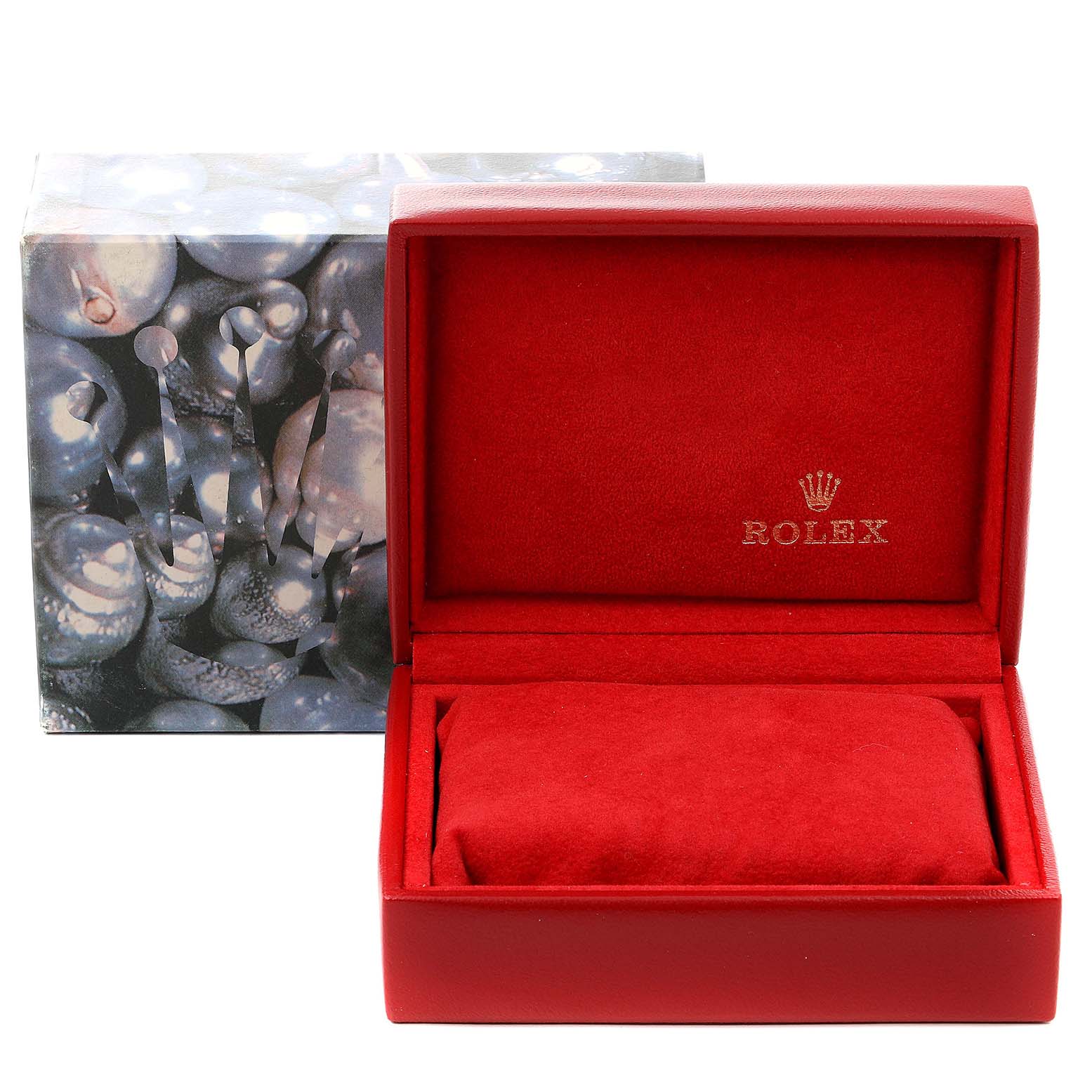 The image shows an open Rolex red watch box for the President model, with the Rolex logo inside the lid.