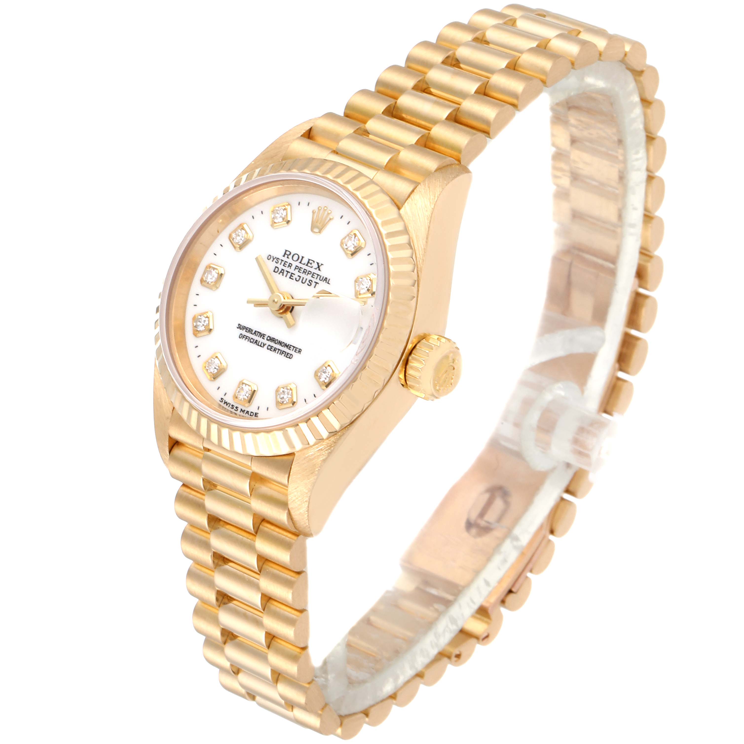 The image shows a gold Rolex President 69178 Women's Yellow Gold White Dial 69178 Women's Yellow Gold White Dial model watch at a slight angle, displaying the face, bezel, crown, and bracelet.