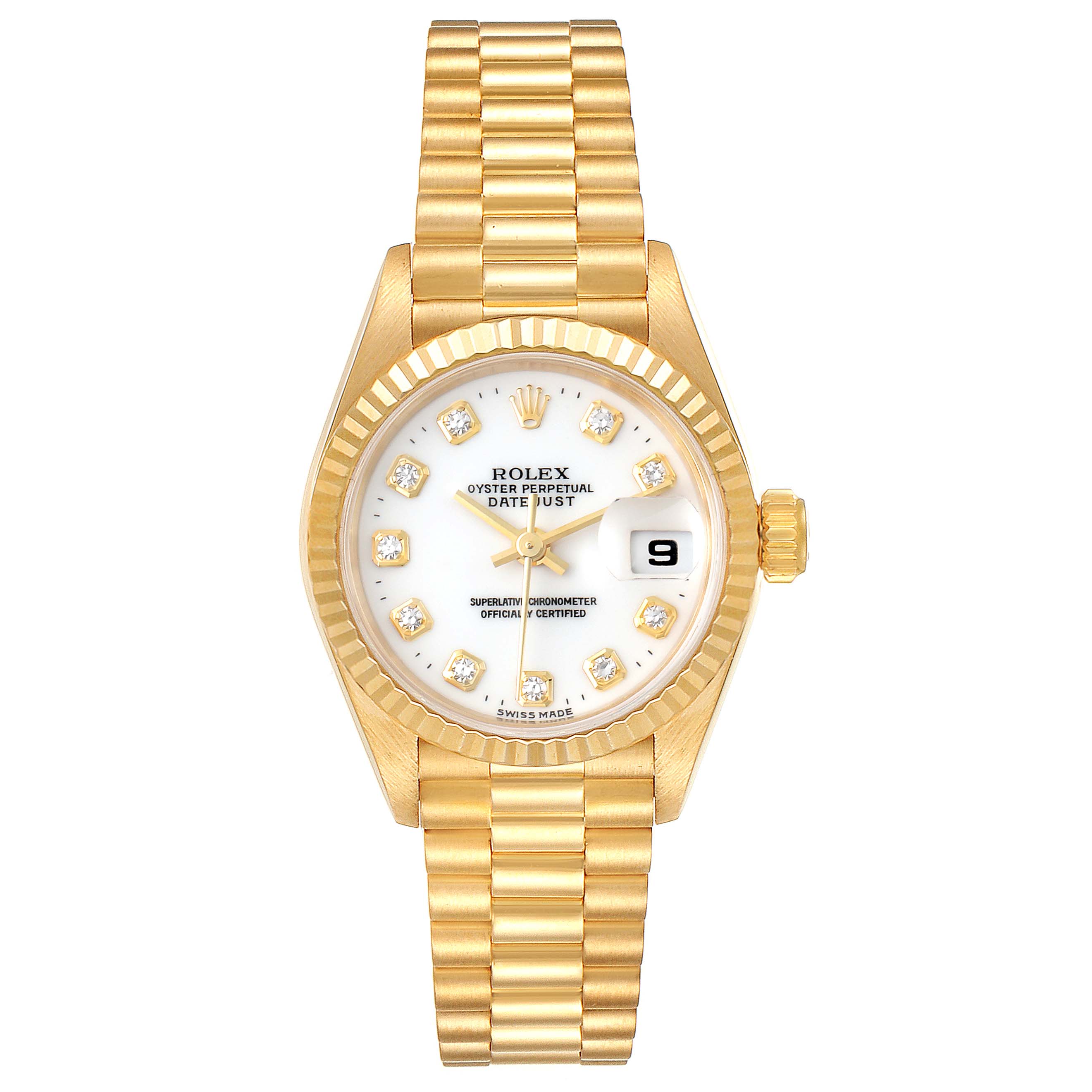 This image shows a Rolex President 69178 Women's Yellow Gold White Dial 69178 Women's Yellow Gold White Dial model watch from the front, featuring its dial, bezel, crown, and bracelet.