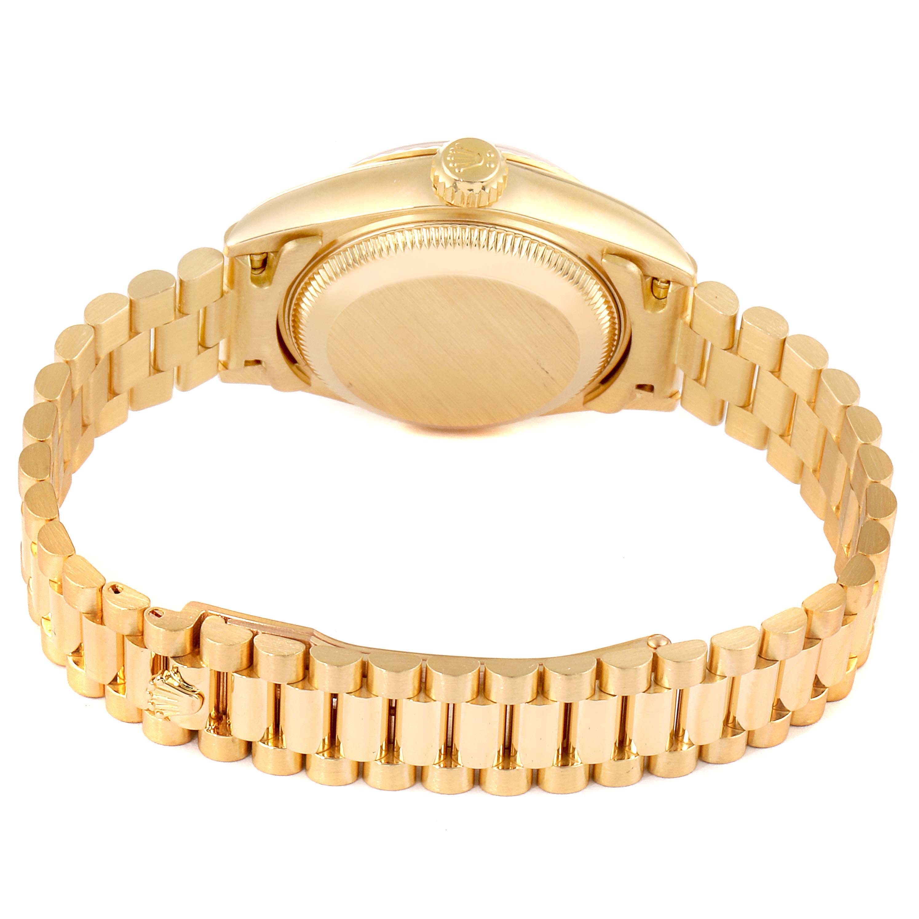 This image shows the back view of a Rolex President 69178 Women's Yellow Gold White Dial 69178 Women's Yellow Gold White Dial model watch, highlighting its case back and gold bracelet.
