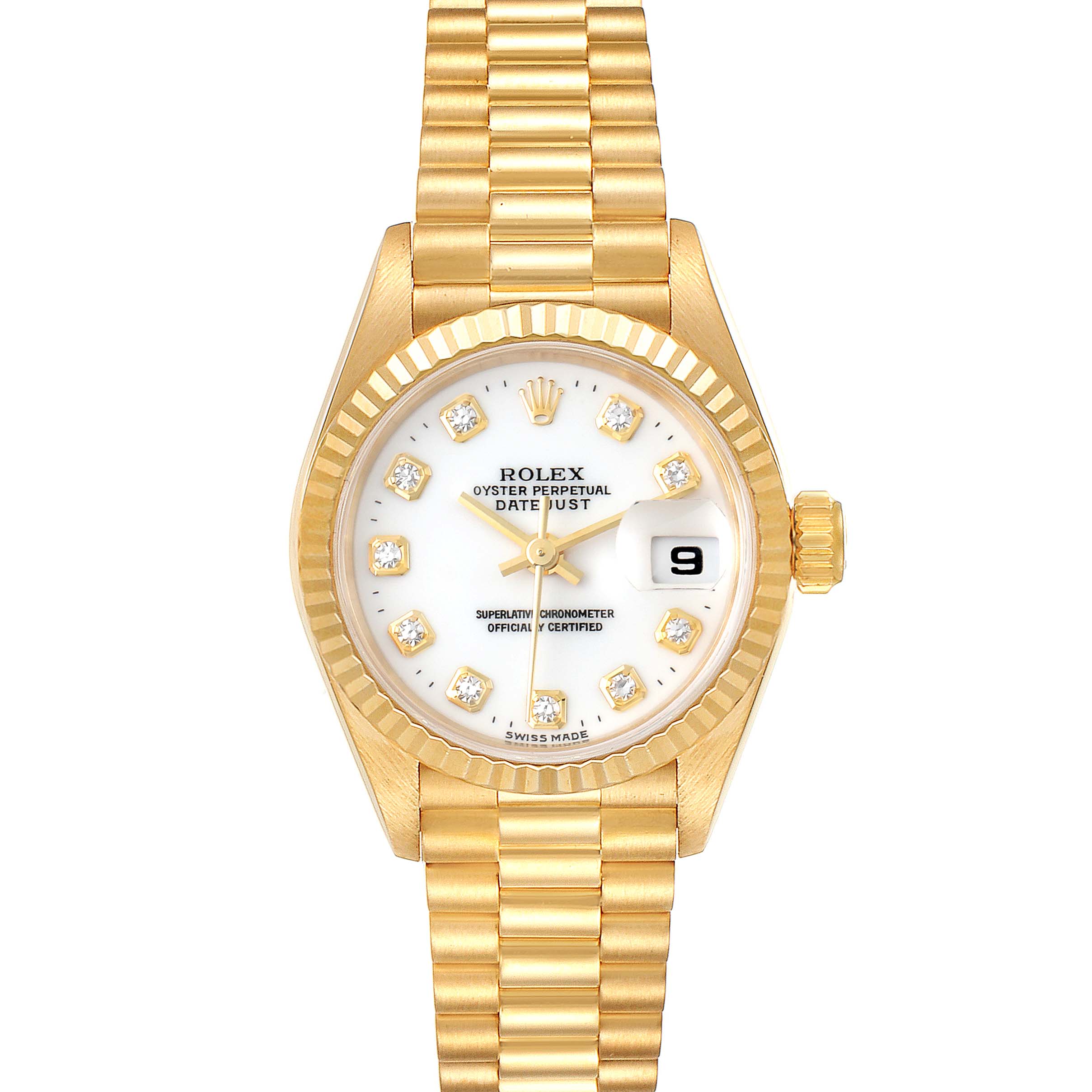 This Rolex President 69178 Women's Yellow Gold White Dial 69178 Women's Yellow Gold White Dial model watch is shown from a top-down angle, displaying its gold bracelet, face, and fluted bezel.