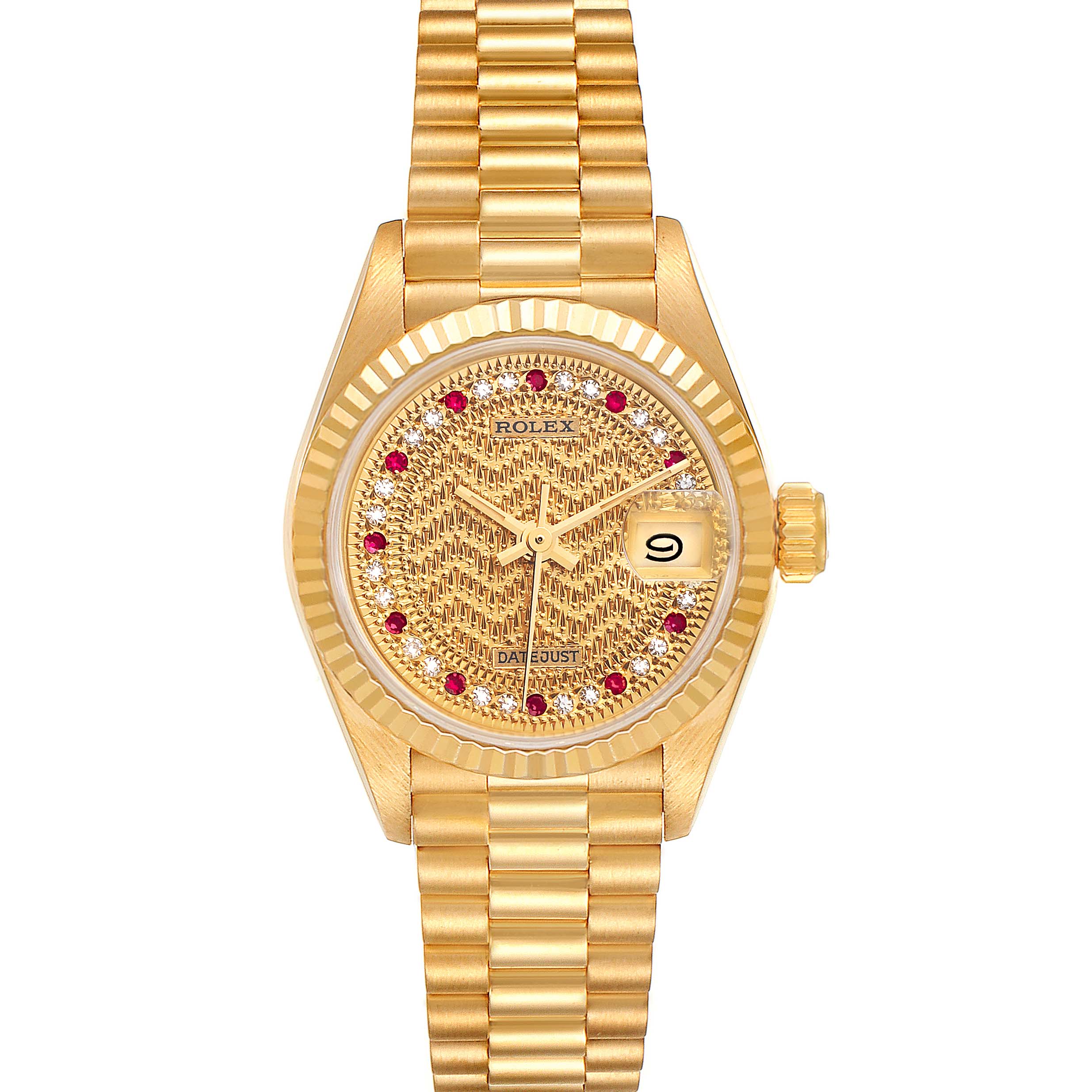 The image shows a front view of a gold Rolex President 69178 Women's Yellow Gold Champagne Dial 69178 Women's Yellow Gold Champagne Dial model watch, highlighting its dial, date window, and bracelet.