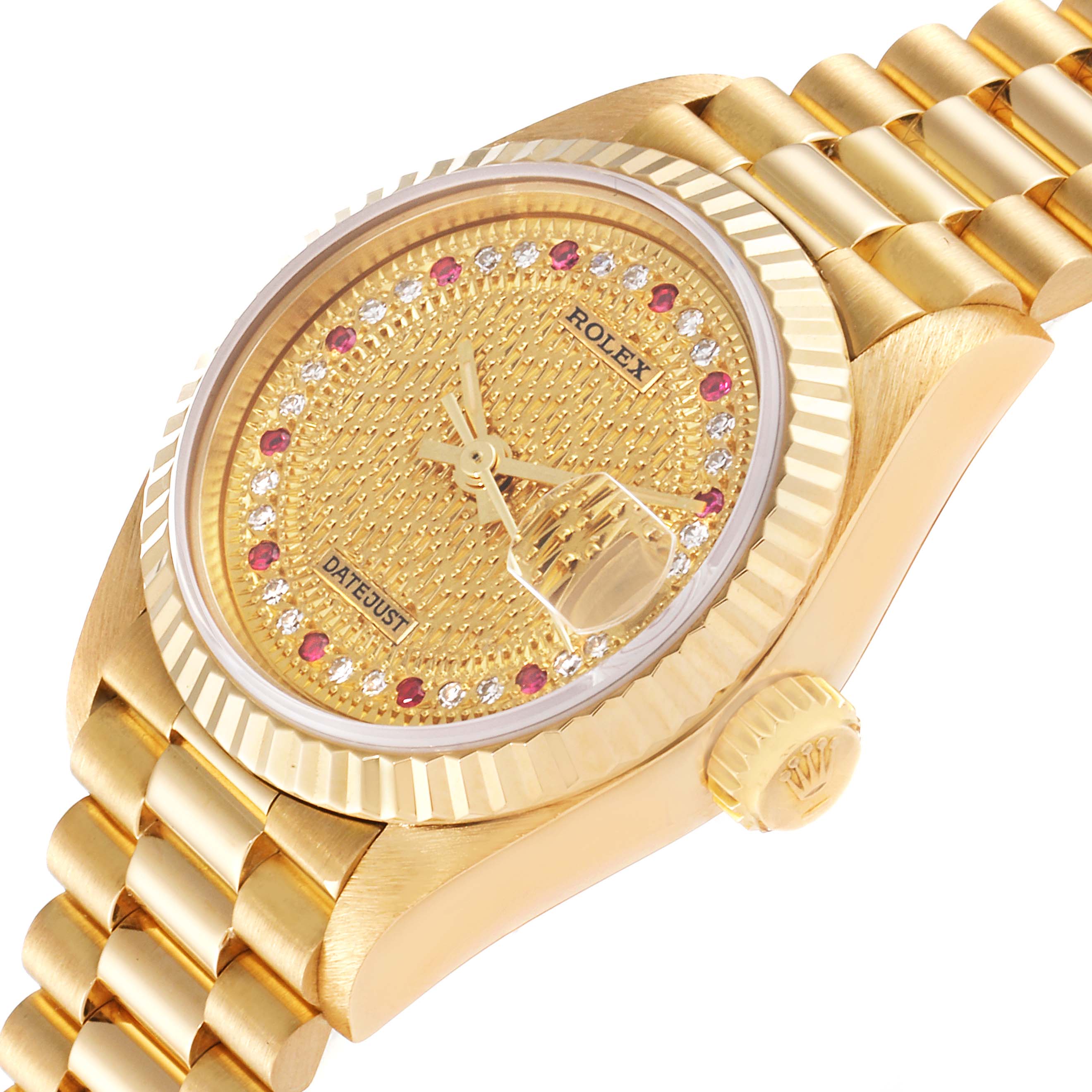 The image shows the face, bezel, crown, and bracelet of a Rolex President 69178 Women's Yellow Gold Champagne Dial 69178 Women's Yellow Gold Champagne Dial model watch from a close-up angle.