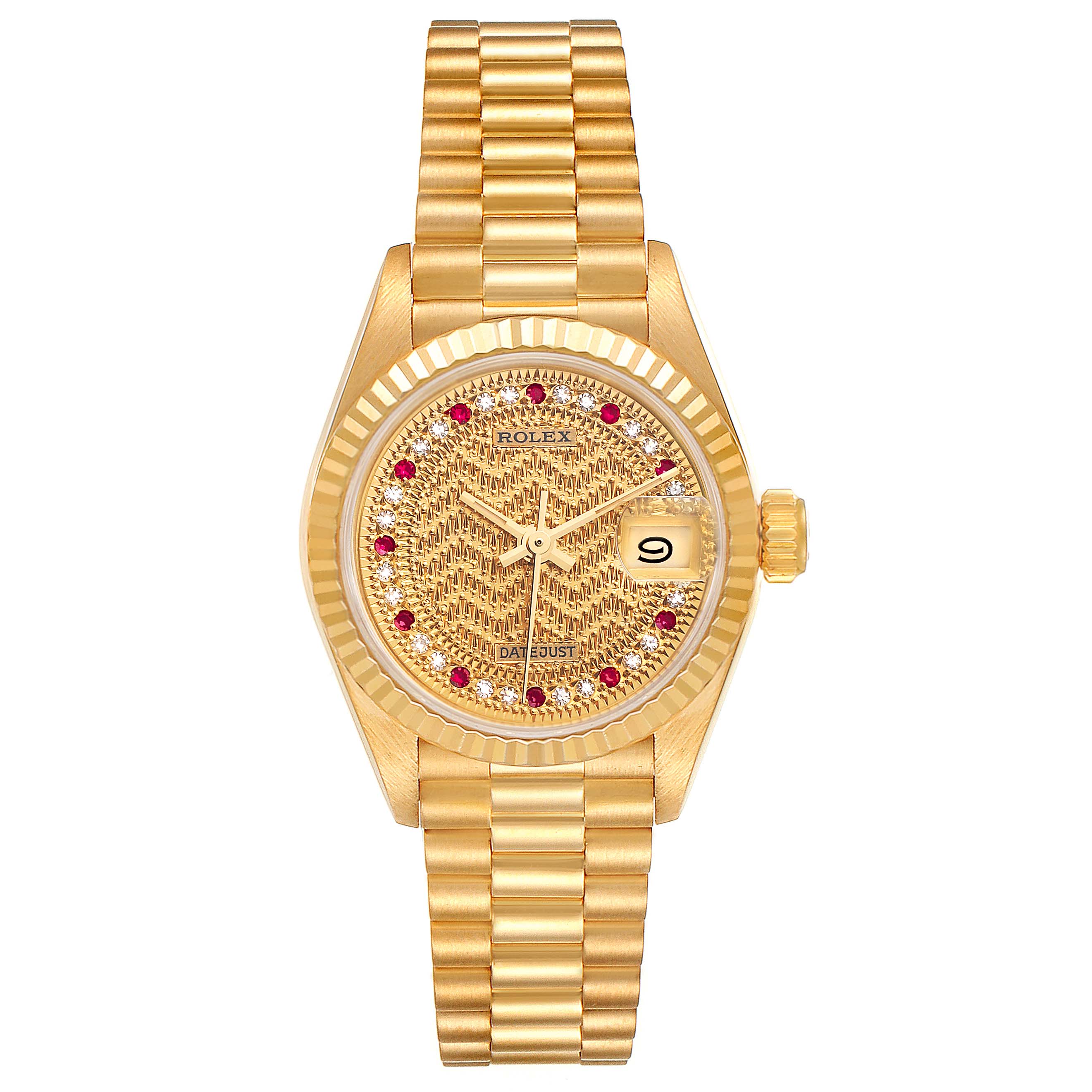 This image shows a front view of the Rolex President 69178 Women's Yellow Gold Champagne Dial 69178 Women's Yellow Gold Champagne Dial model watch, highlighting its gold bracelet, dial, and date display.