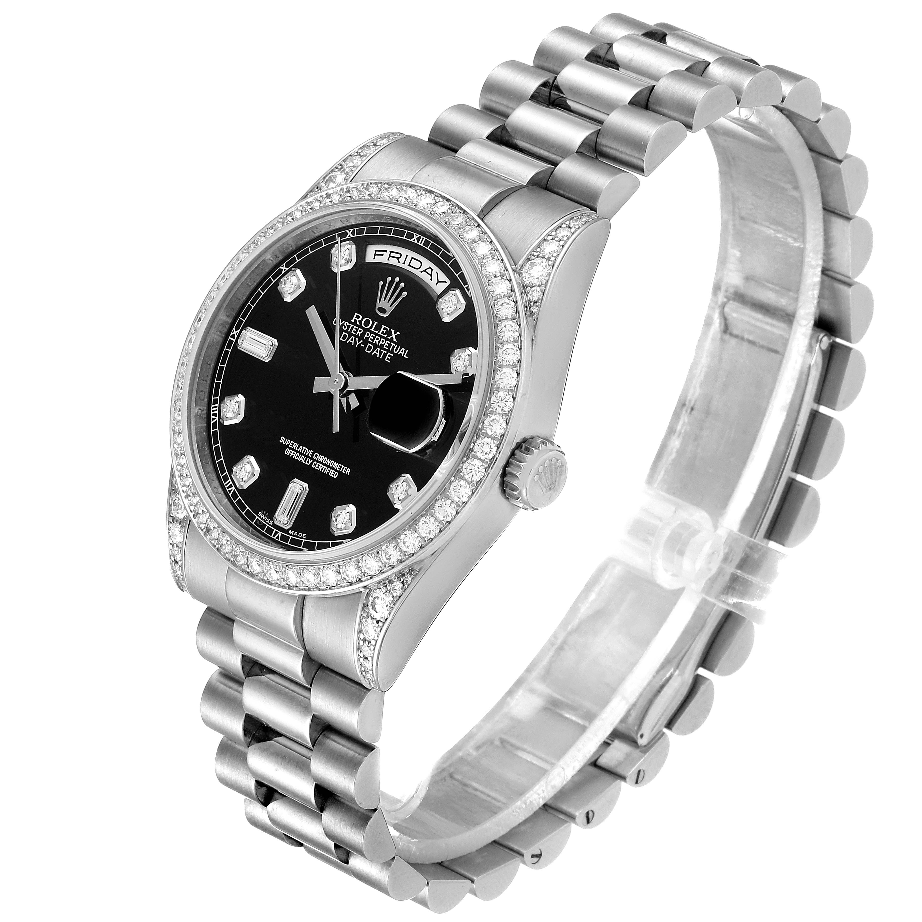 The Rolex President 118339 Men's White Gold Black Dial 118339 Men's White Gold Black Dial model watch is shown at a three-quarter angle, highlighting its black dial, bezel, and bracelet.
