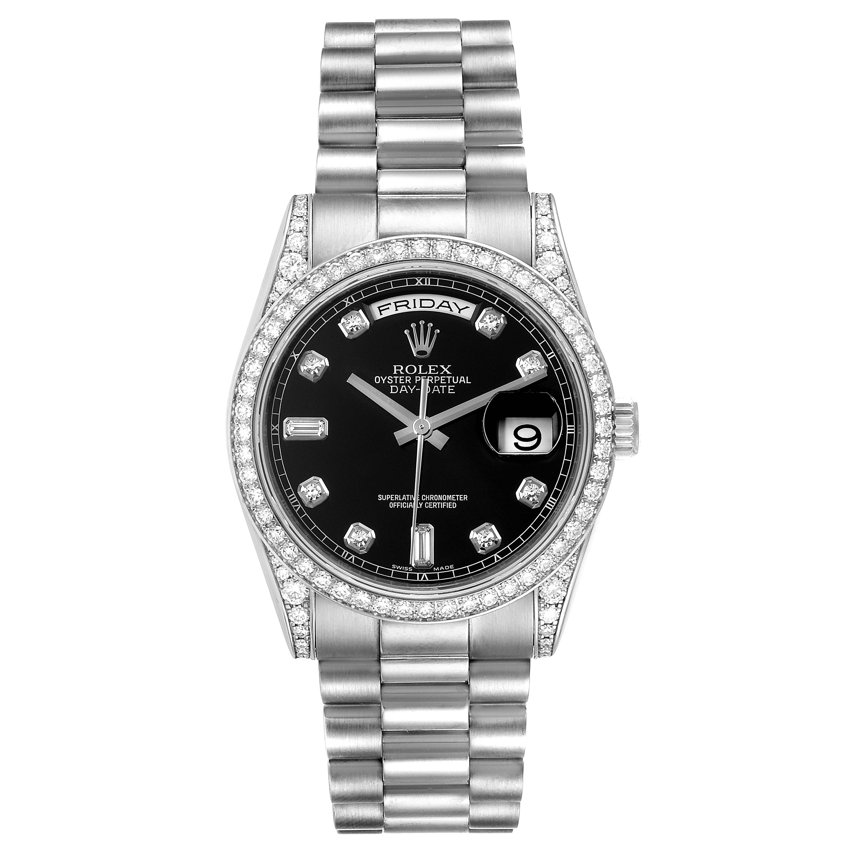 This image shows a frontal view of the Rolex President 118339 Men's White Gold Black Dial 118339 Men's White Gold Black Dial watch, featuring its dial, bezel, bracelet, and crown.