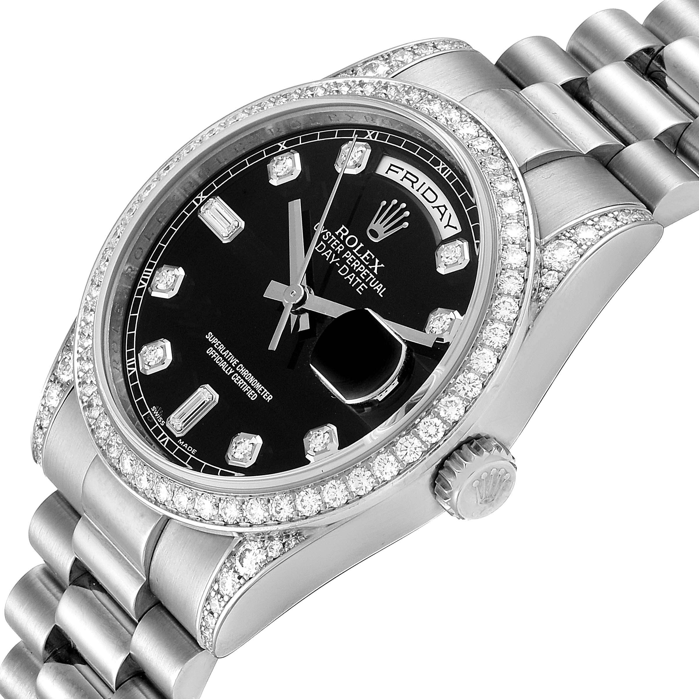 The Rolex President 118339 Men's White Gold Black Dial 118339 Men's White Gold Black Dial model watch is shown at an angled side view displaying its dial, bezel, crown, and part of the bracelet.