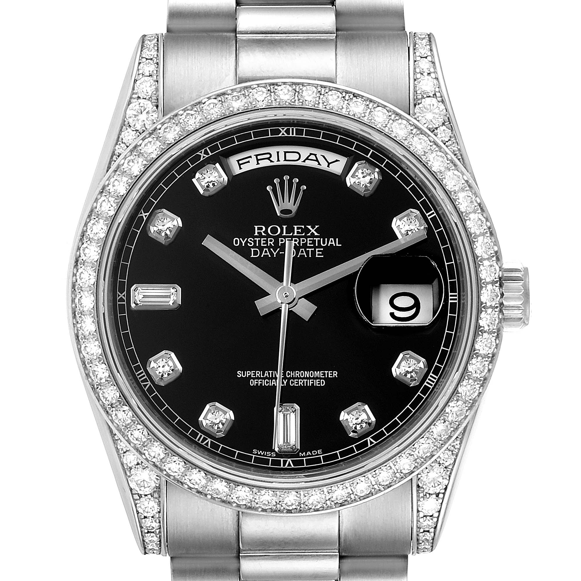 The image shows a front view of a Rolex President 118339 Men's White Gold Black Dial 118339 Men's White Gold Black Dial model watch, detailing its black dial, diamond hour markers, and bejeweled bezel.