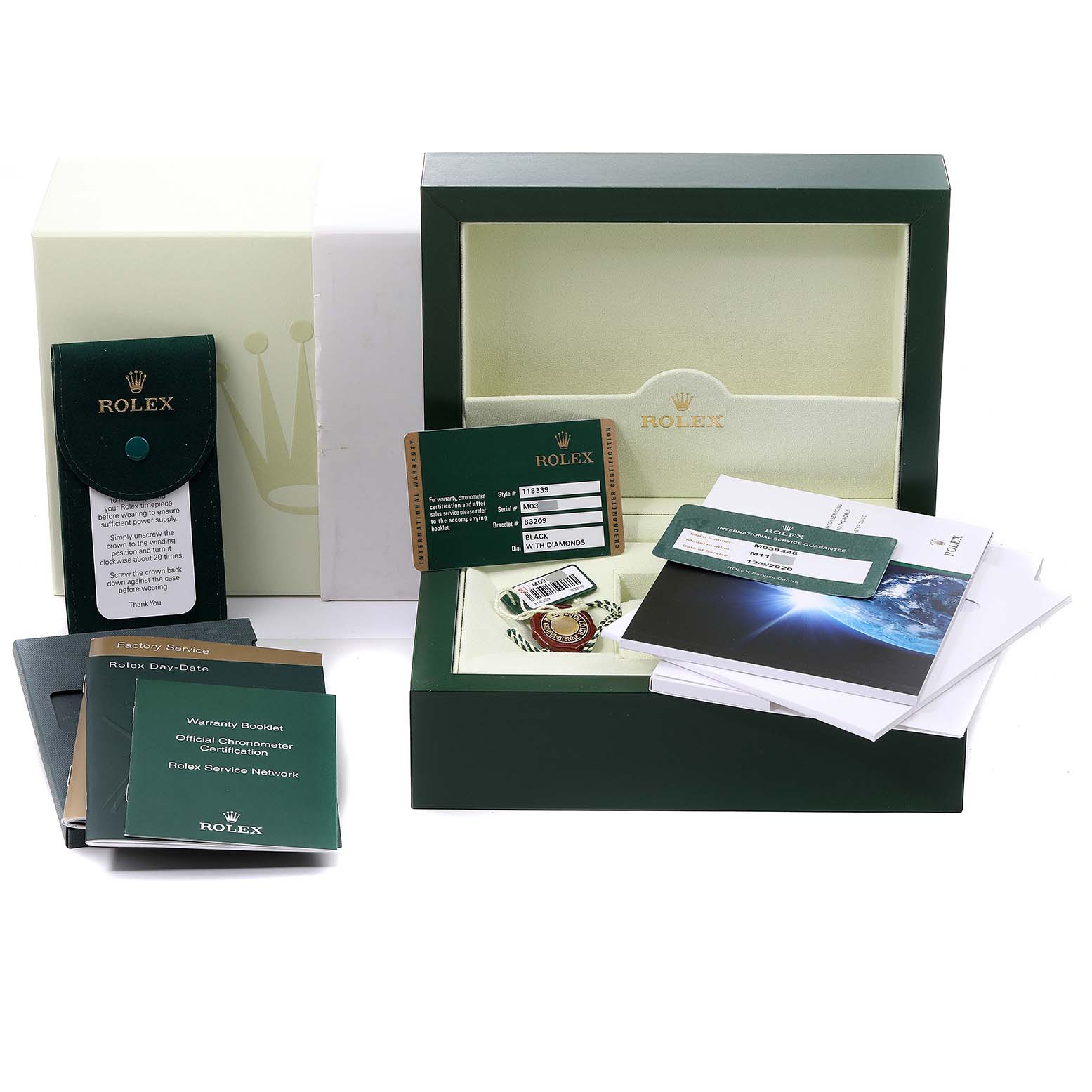 The image shows the packaging and accessories for a Rolex President 118339 Men's White Gold Black Dial 118339 Men's White Gold Black Dial model, including manuals, warranty cards, and box.