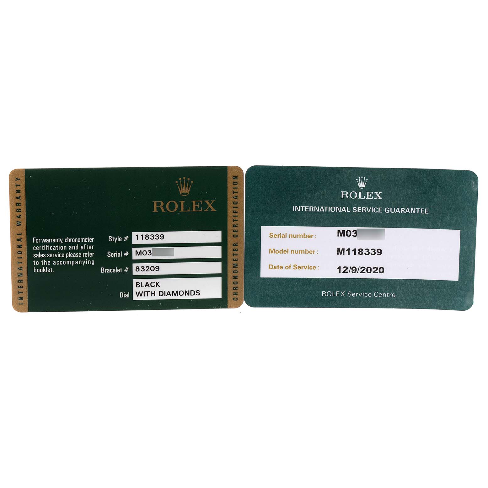 The image shows the warranty and service guarantee cards for a Rolex President 118339 Men's White Gold Black Dial 118339 Men's White Gold Black Dial model 118339 watch.