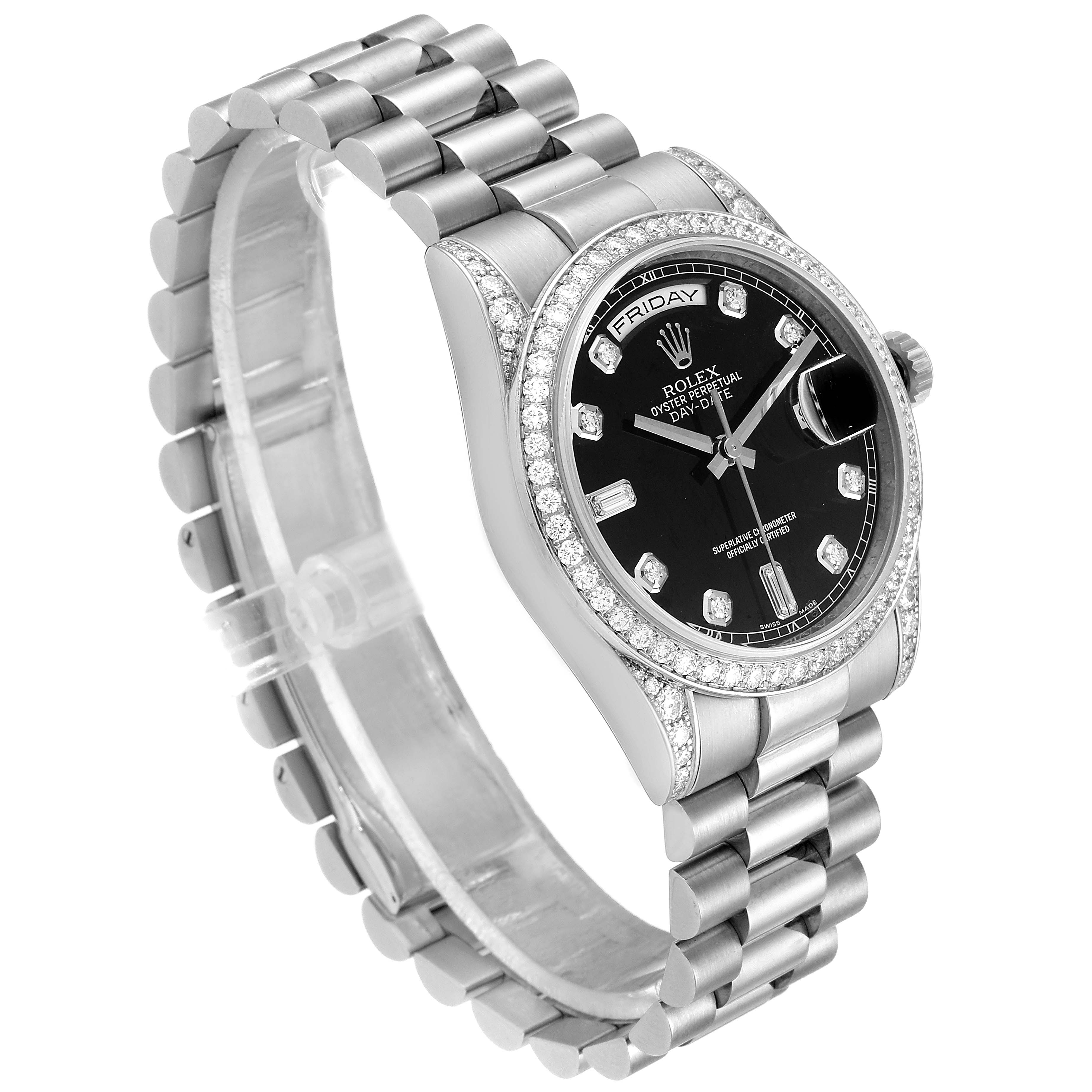 This image shows a side-angle view of a Rolex President 118339 Men's White Gold Black Dial 118339 Men's White Gold Black Dial watch with a black dial, diamond bezel, and stainless steel bracelet.