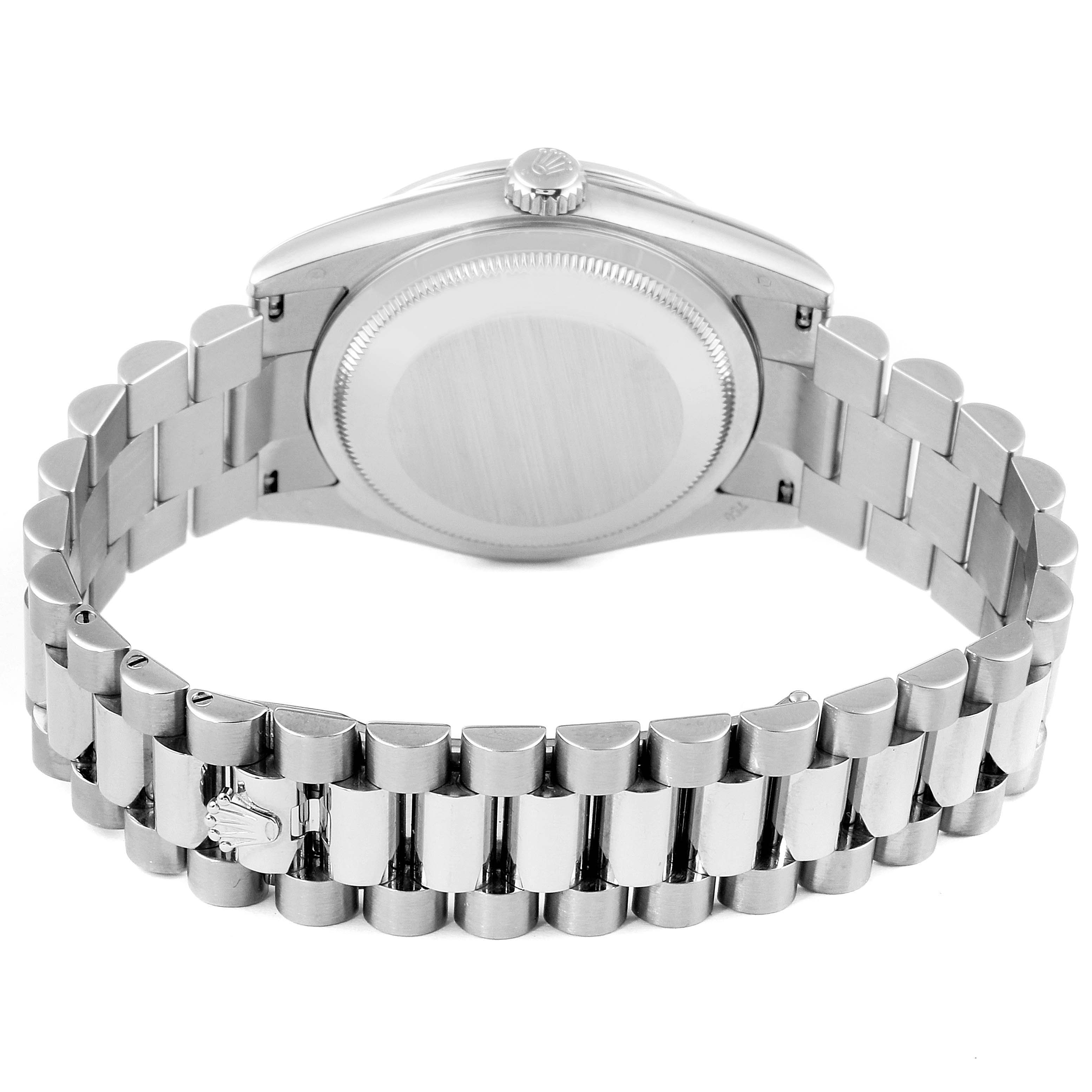 The image shows the back view of the Rolex President 118339 Men's White Gold Black Dial 118339 Men's White Gold Black Dial model watch, highlighting its case back and bracelet.