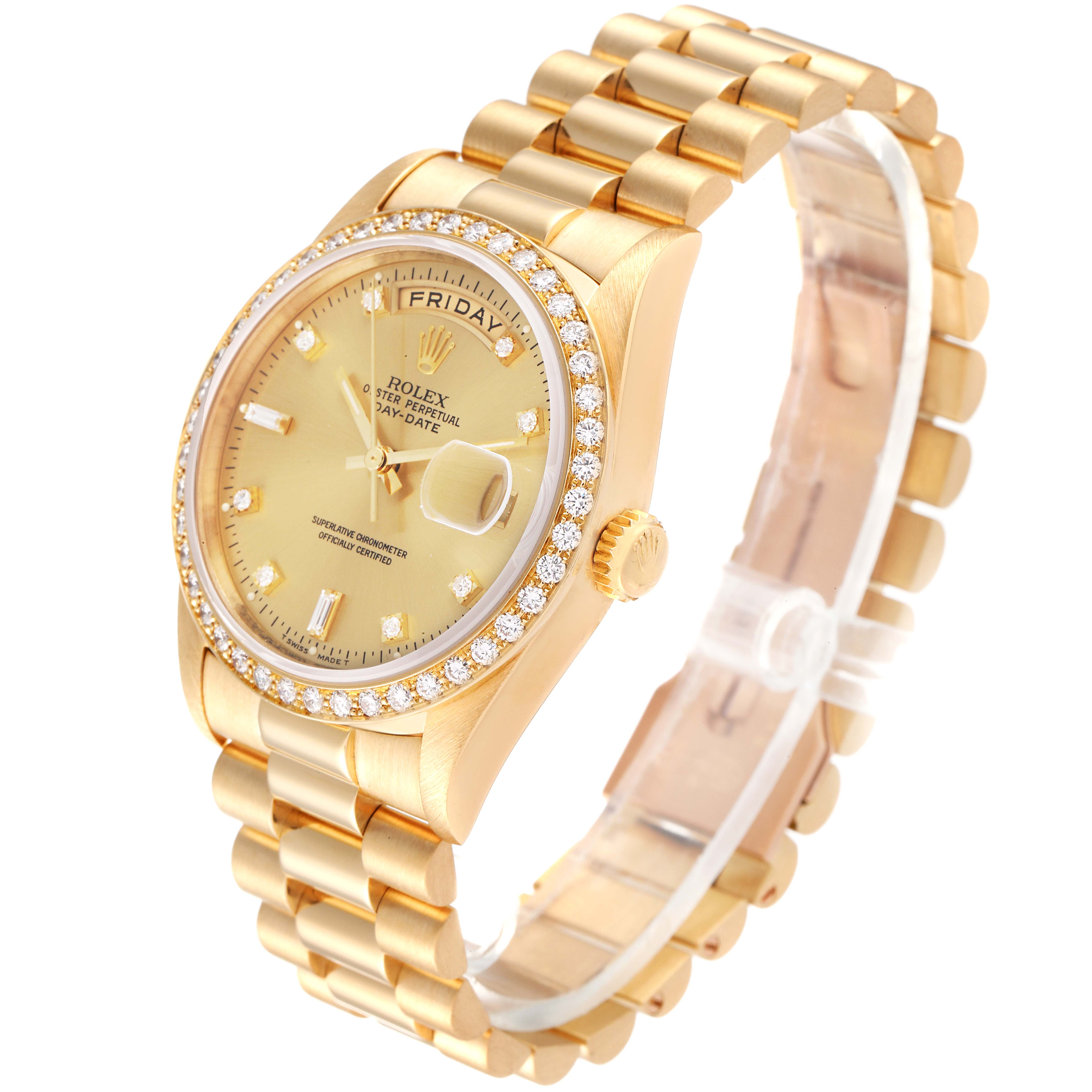 The image shows a side angle of a Rolex President 18348 Men's Yellow Gold Champagne Dial 18348 Men's Yellow Gold Champagne Dial model watch, highlighting its gold bracelet, bezel, and dial.