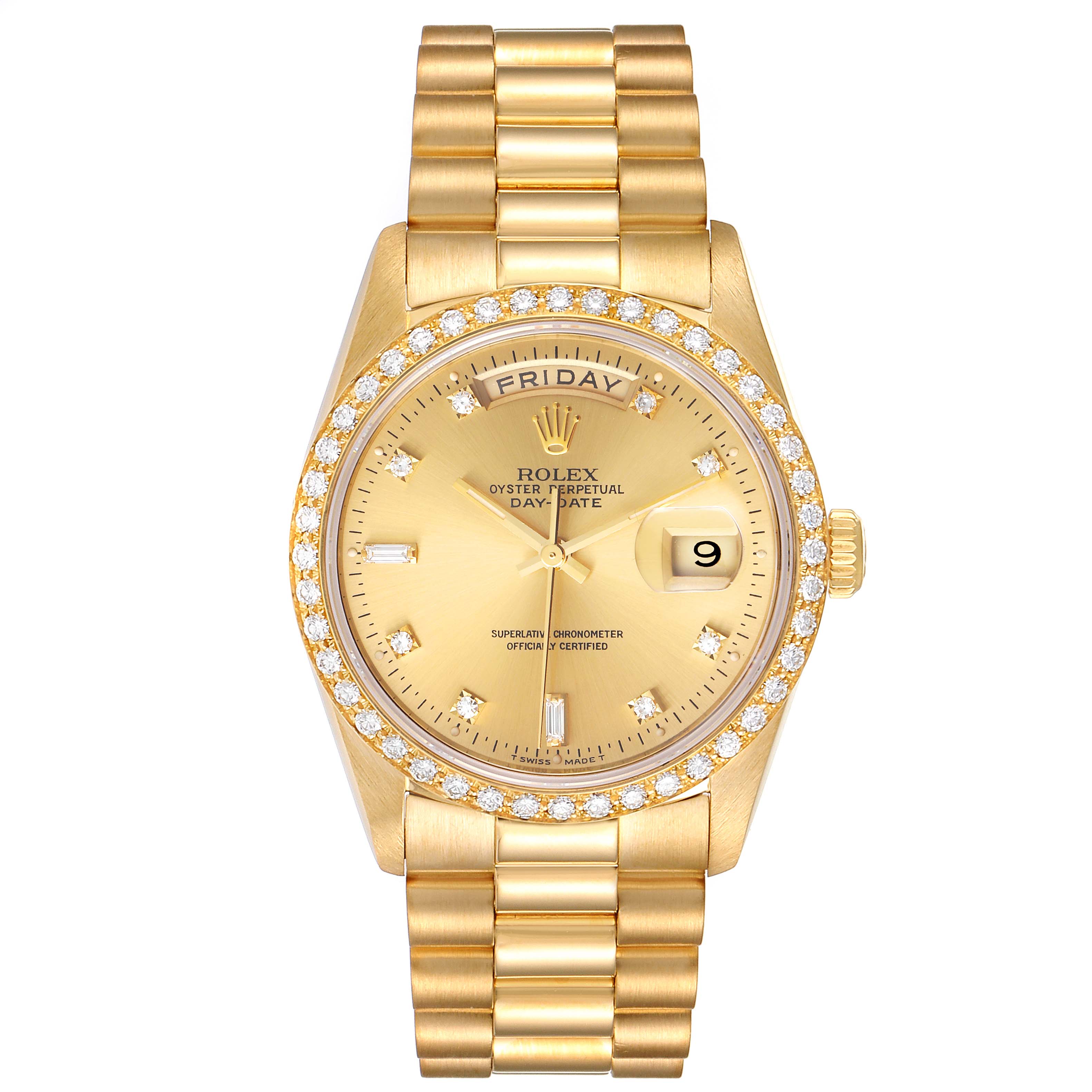 The image shows a frontal view of the Rolex President 18348 Men's Yellow Gold Champagne Dial 18348 Men's Yellow Gold Champagne Dial watch, highlighting the dial, bezel, crown, and bracelet.
