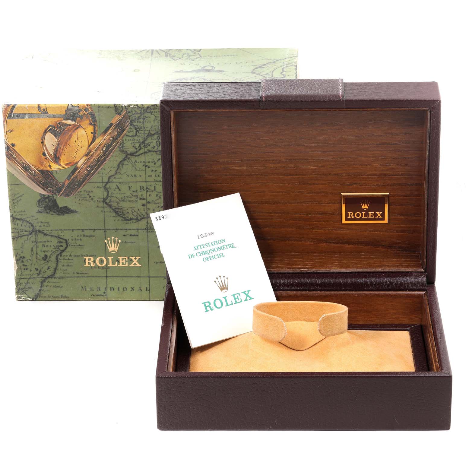 The image shows the packaging and accessories for a Rolex President 18348 Men's Yellow Gold Champagne Dial 18348 Men's Yellow Gold Champagne Dial model, including the box and warranty card.