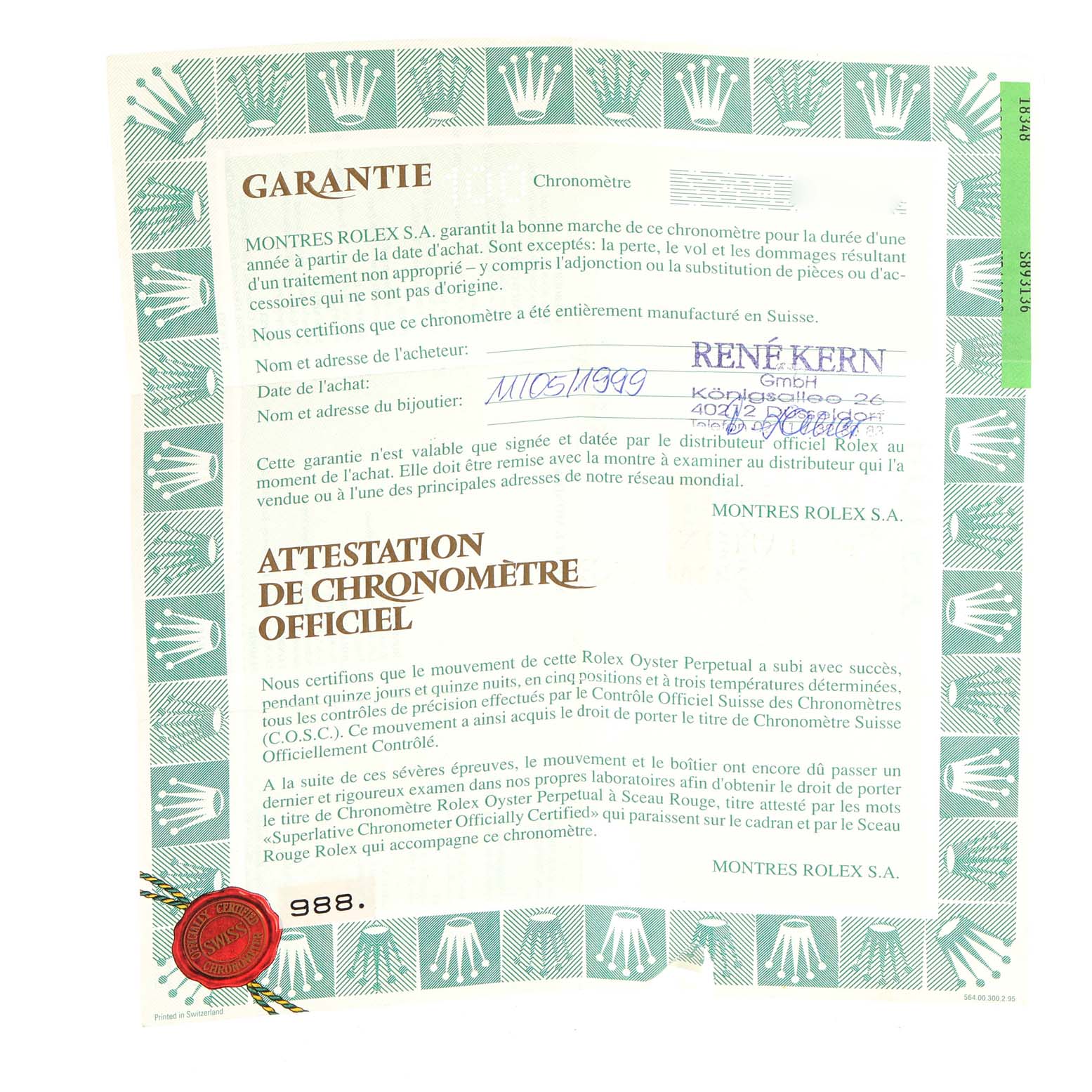 The image shows a warranty certificate for a Rolex President 18348 Men's Yellow Gold Champagne Dial 18348 Men's Yellow Gold Champagne Dial model watch with text in French and a green decorative border.