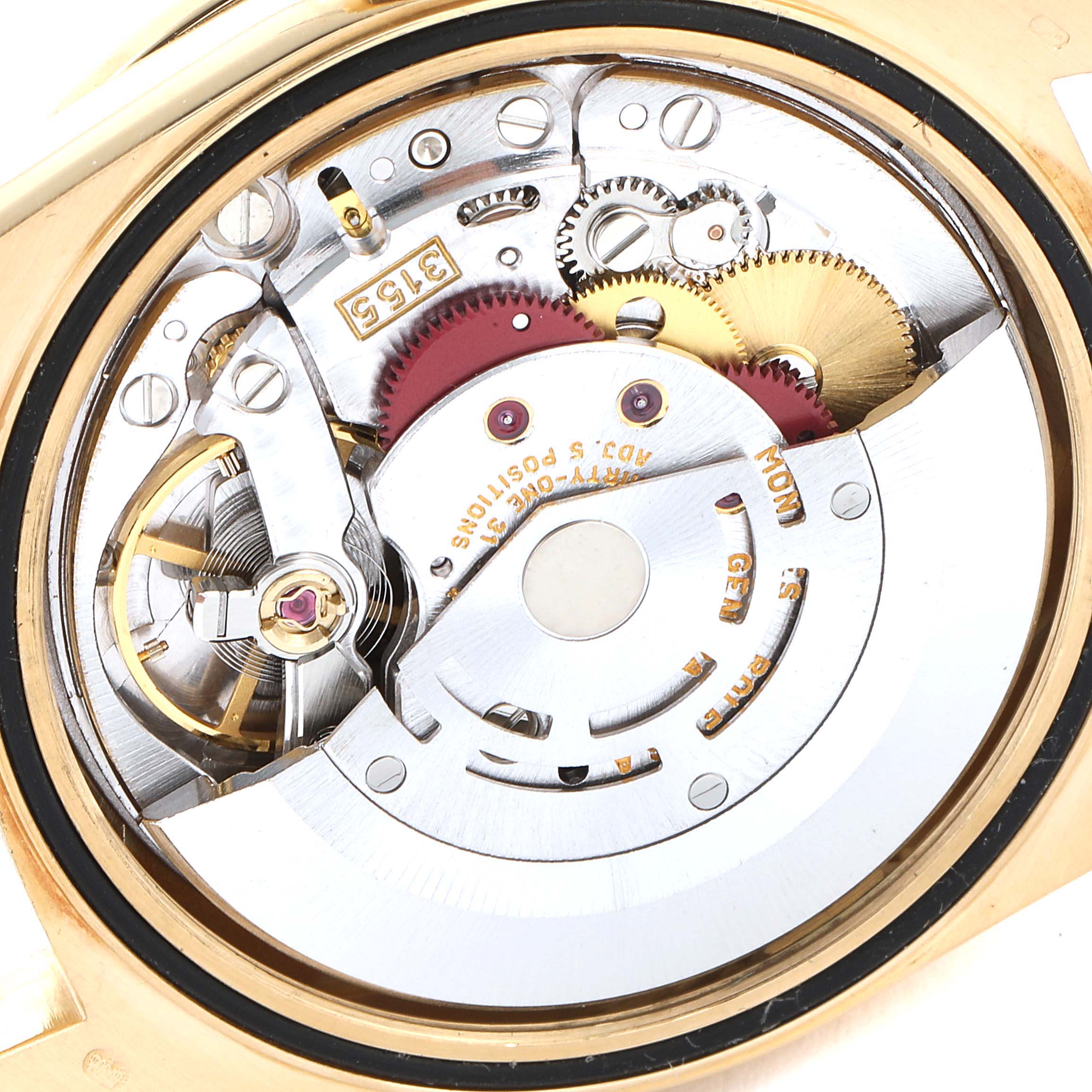 The image shows the internal mechanism of a Rolex President 18348 Men's Yellow Gold Champagne Dial 18348 Men's Yellow Gold Champagne Dial model watch from a rear view.