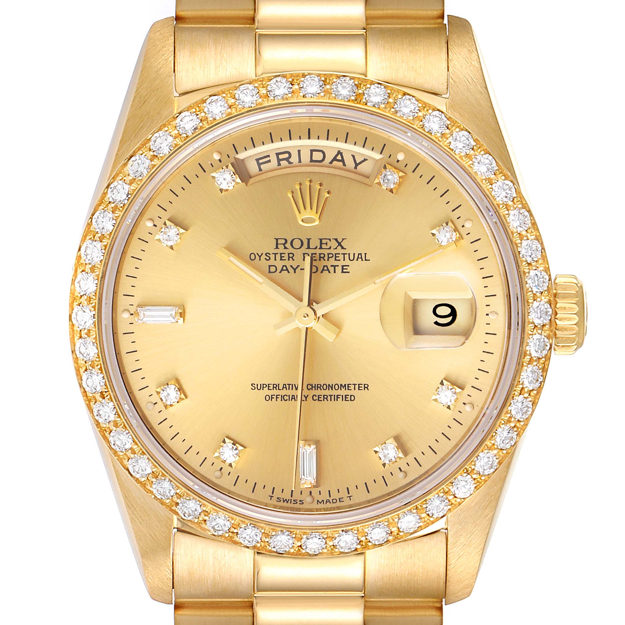 The image shows a front view of a Rolex President 18348 Men's Yellow Gold Champagne Dial 18348 Men's Yellow Gold Champagne Dial model, highlighting the face, bezel, crown, and part of the bracelet.