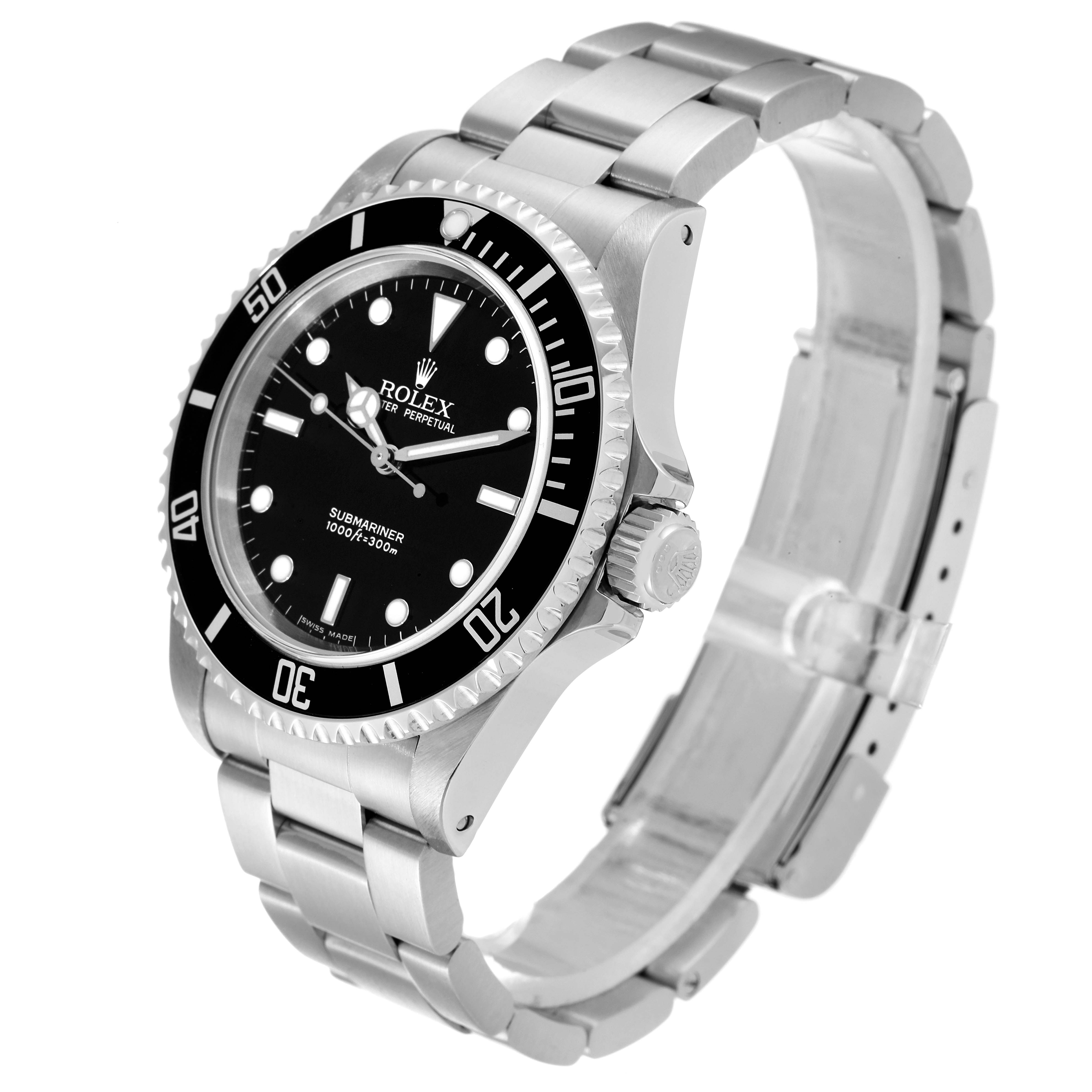 The image shows a side and front angle of a Rolex Submariner 14060M Men
s Stainless Steel Black Dial 14060M Men
s Stainless Steel Black Dial, displaying its face, bezel, crown, and bracelet.