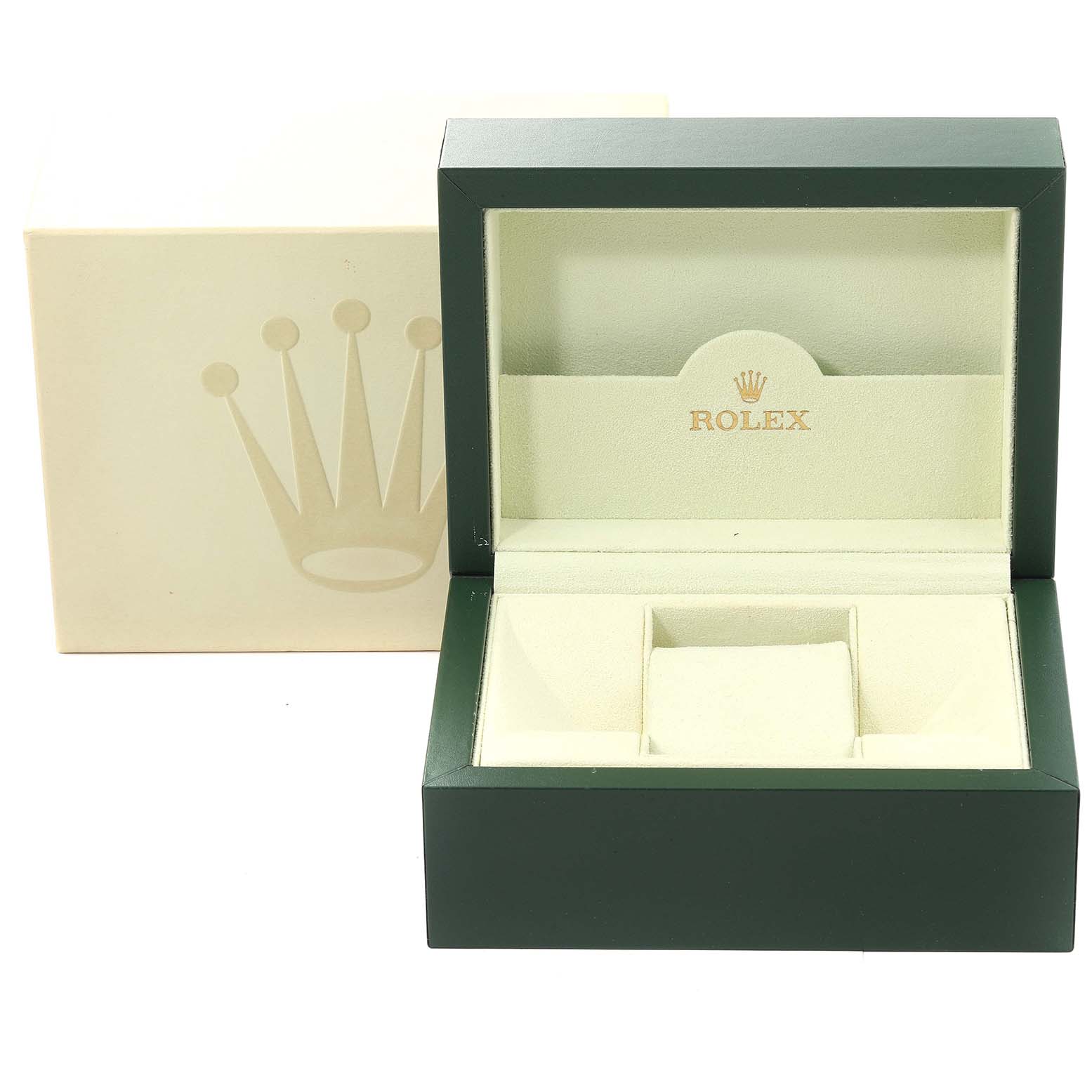 The image shows an empty green watch box for the Rolex Submariner 14060M Men
s Stainless Steel Black Dial 14060M Men
s Stainless Steel Black Dial, with a beige outer box adorned with the brand
s crown logo.