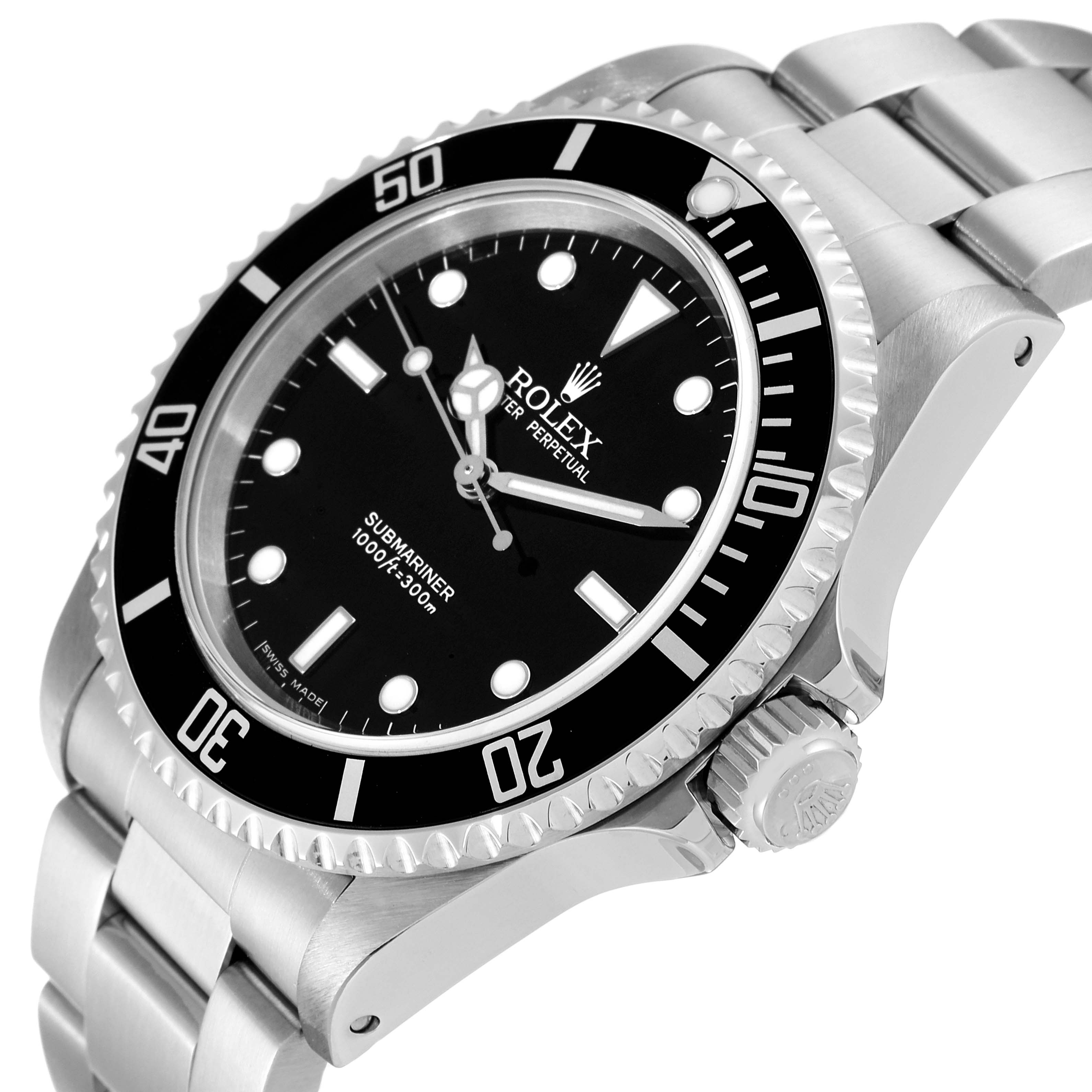 This image shows a close-up side angle of the Rolex Submariner 14060M Men
s Stainless Steel Black Dial 14060M Men
s Stainless Steel Black Dial watch, displaying its dial, bezel, crown, and stainless steel bracelet.