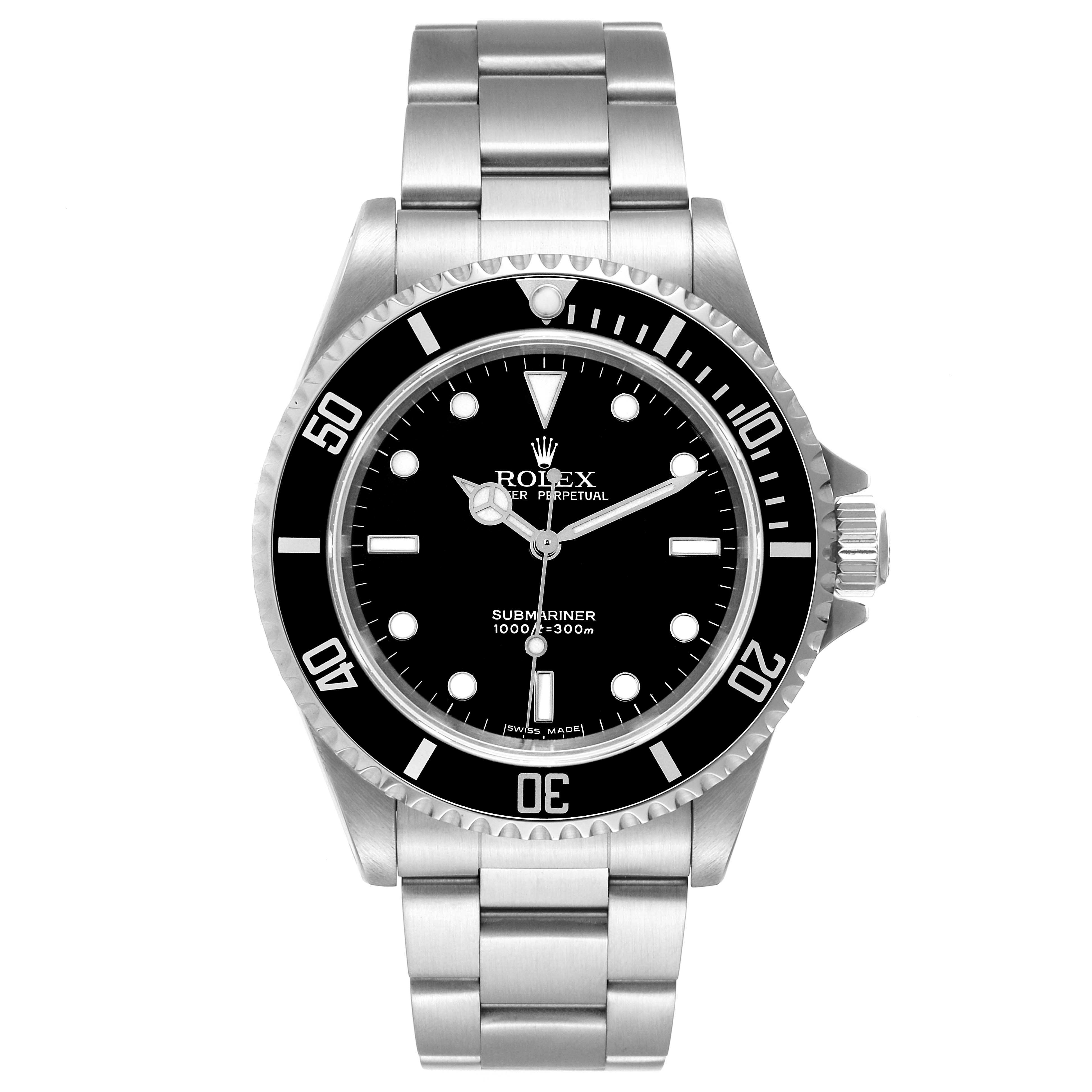 The image shows a frontal view of a Rolex Submariner 14060M Men
s Stainless Steel Black Dial 14060M Men
s Stainless Steel Black Dial watch, highlighting its black dial, stainless steel bracelet, and rotating bezel.