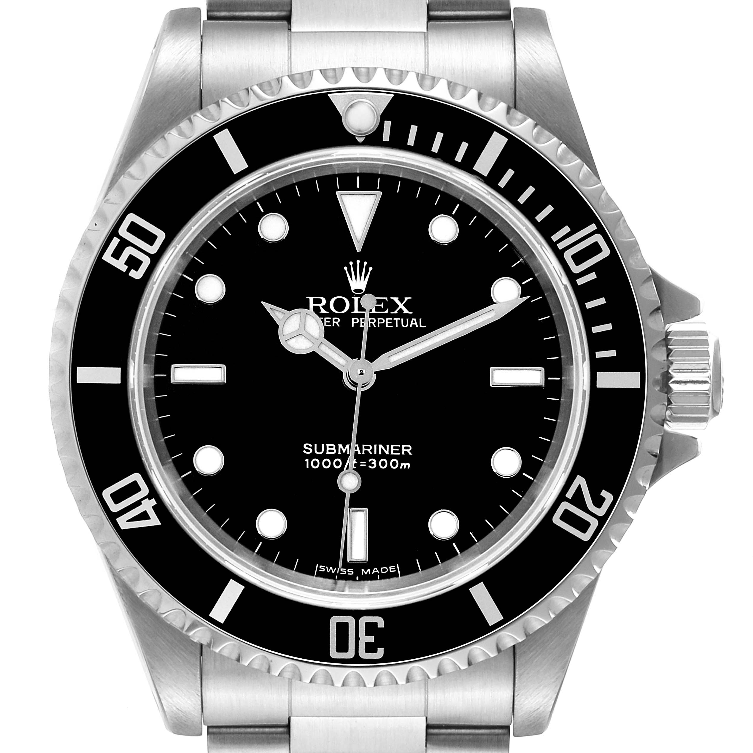 This top-view image shows a Rolex Submariner 14060M Men
s Stainless Steel Black Dial 14060M Men
s Stainless Steel Black Dial watch face, bezel, crown, and a portion of the bracelet.