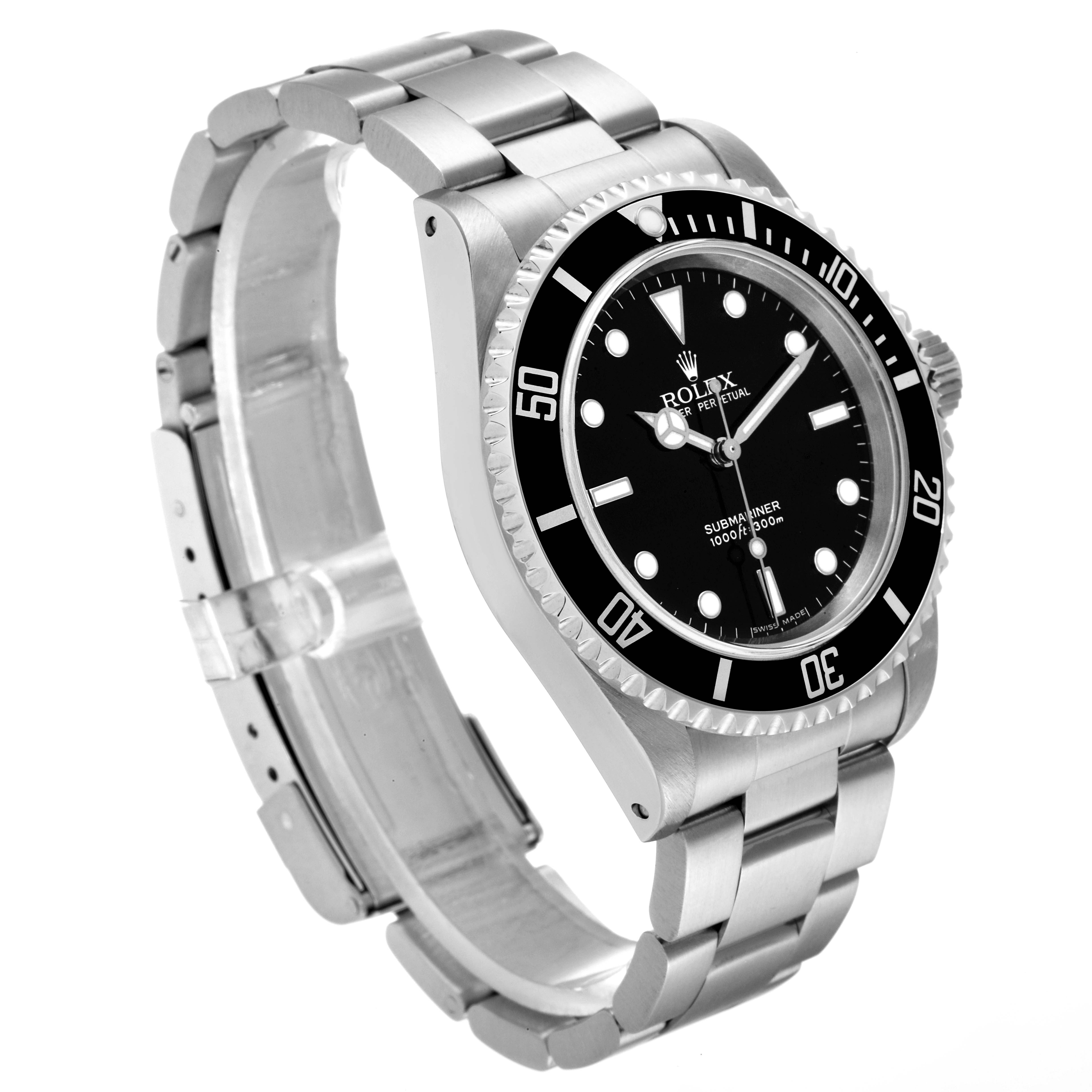 This image shows a Rolex Submariner 14060M Men
s Stainless Steel Black Dial 14060M Men
s Stainless Steel Black Dial watch at an angle highlighting the face, bezel, and bracelet.