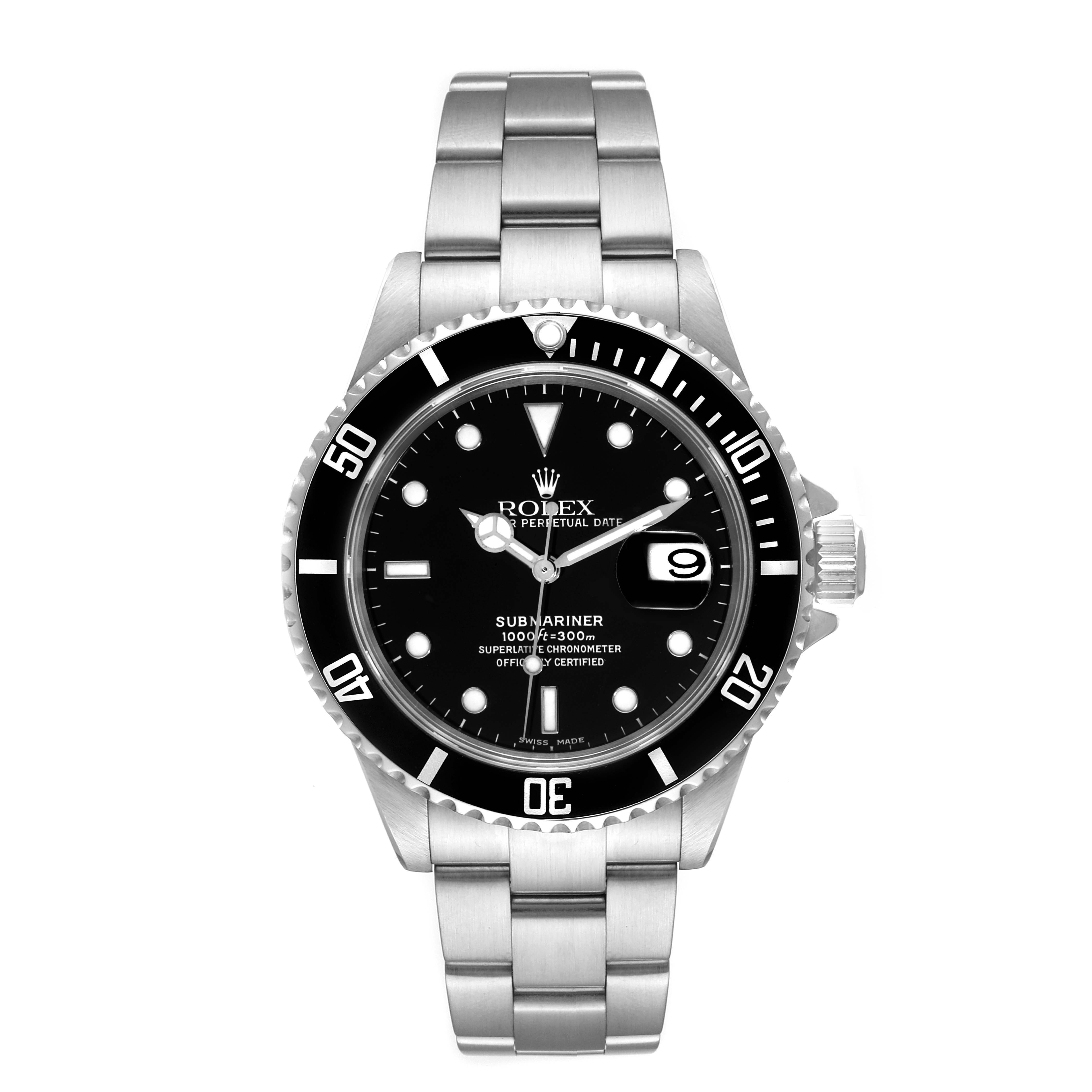 This image shows the front view of a Rolex Submariner 16610 Men's Stainless Steel Black Dial 16610 Men's Stainless Steel Black Dial watch, displaying its face, bezel, and metal bracelet.