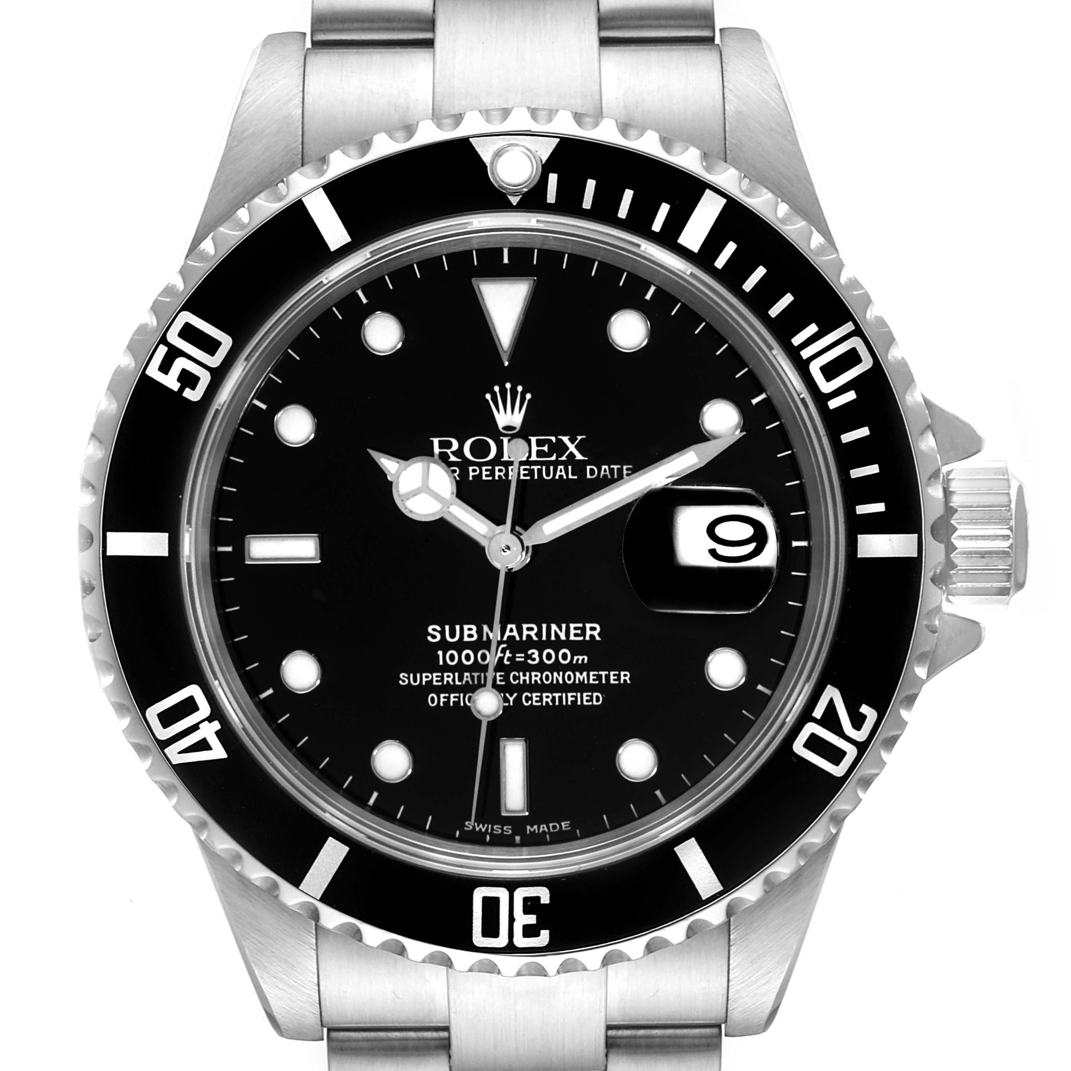 The image shows a front view of the Rolex Submariner 16610 Men's Stainless Steel Black Dial 16610 Men's Stainless Steel Black Dial watch, displaying its dial, bezel, crown, and part of its bracelet.