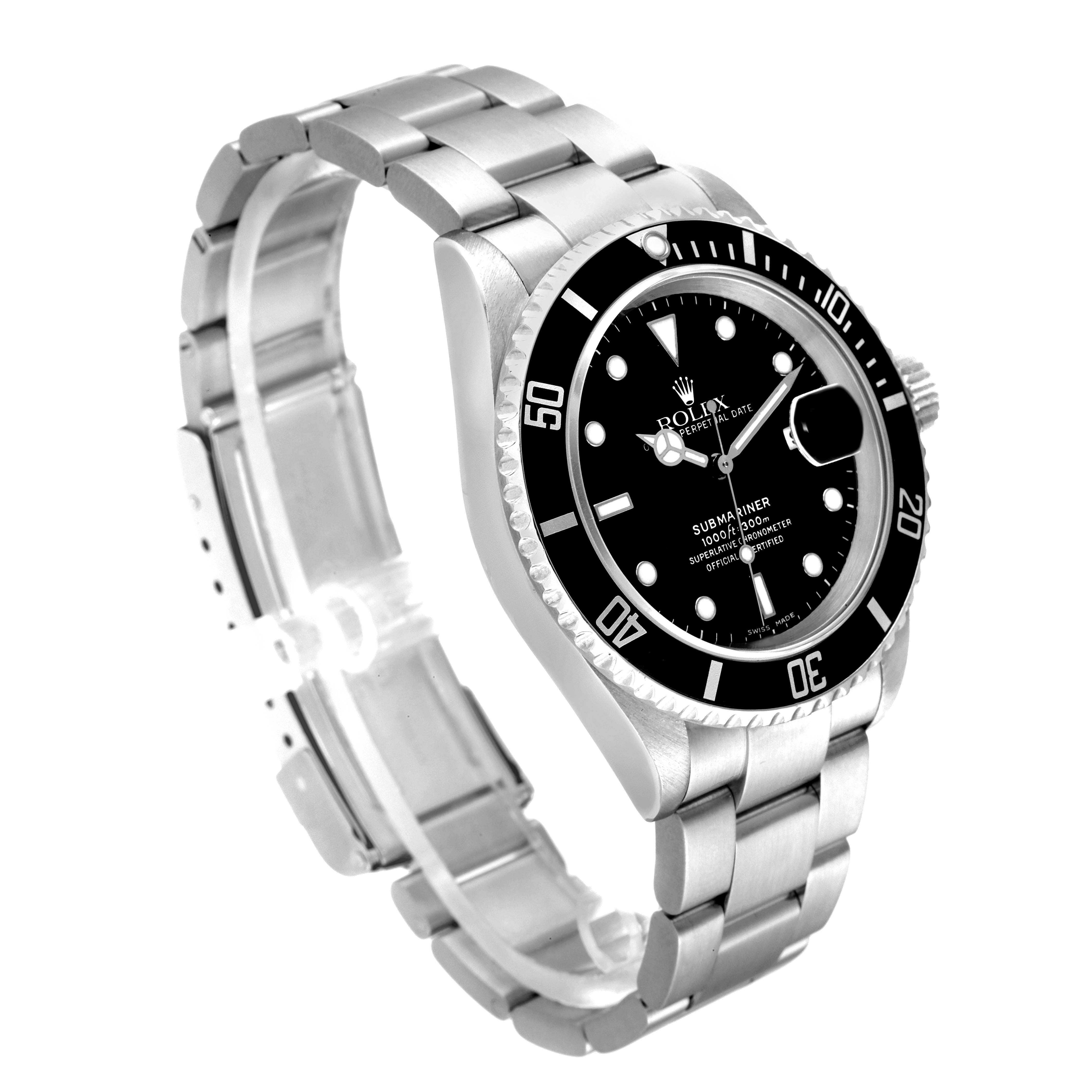 The Rolex Submariner 16610 Men's Stainless Steel Black Dial 16610 Men's Stainless Steel Black Dial watch is shown at a slight angle from above, displaying the face, bezel, and part of the metal bracelet.