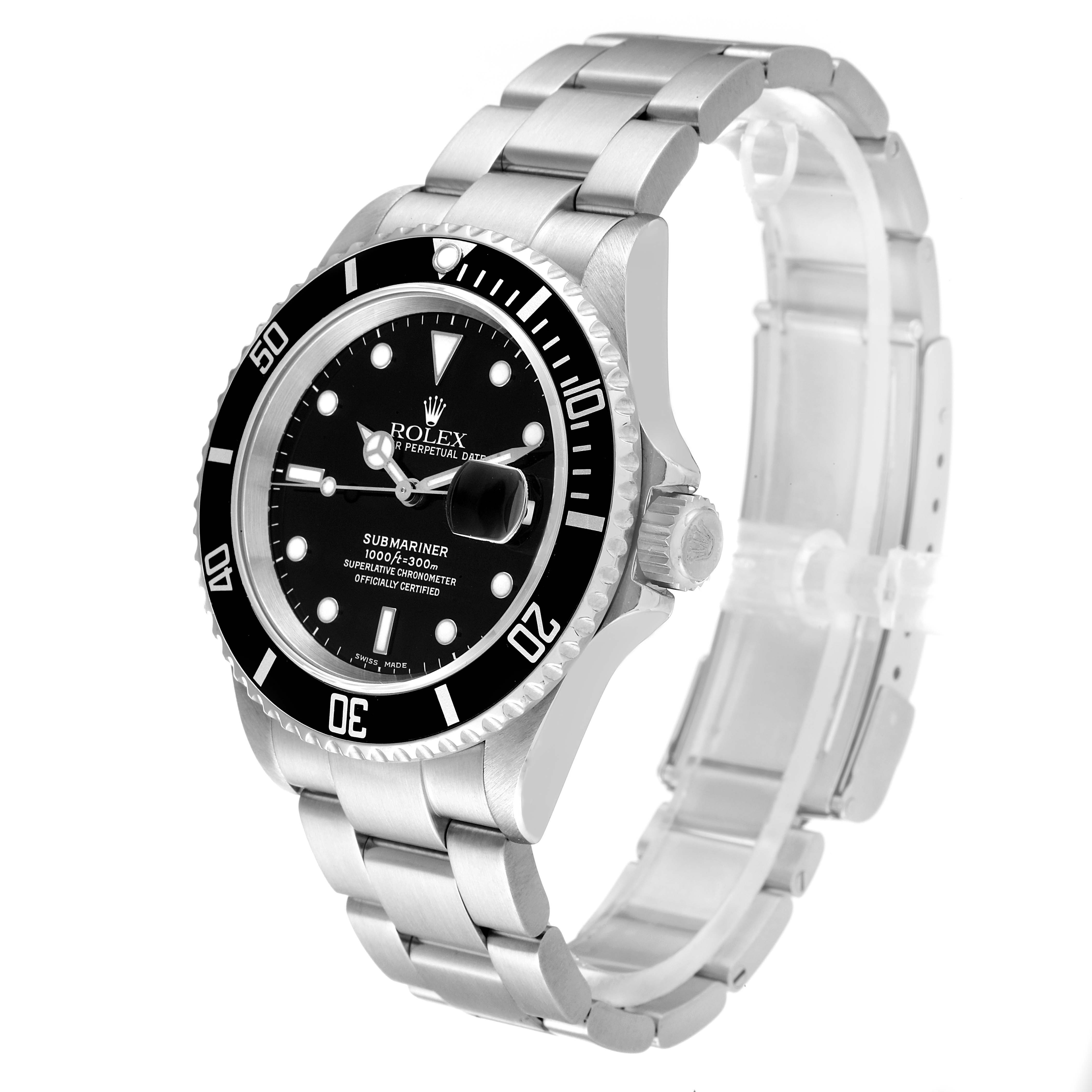 The image shows a three-quarter side view of the Rolex Submariner 16610 Men's Stainless Steel Black Dial 16610 Men's Stainless Steel Black Dial watch, displaying the face, bezel, crown, and bracelet.