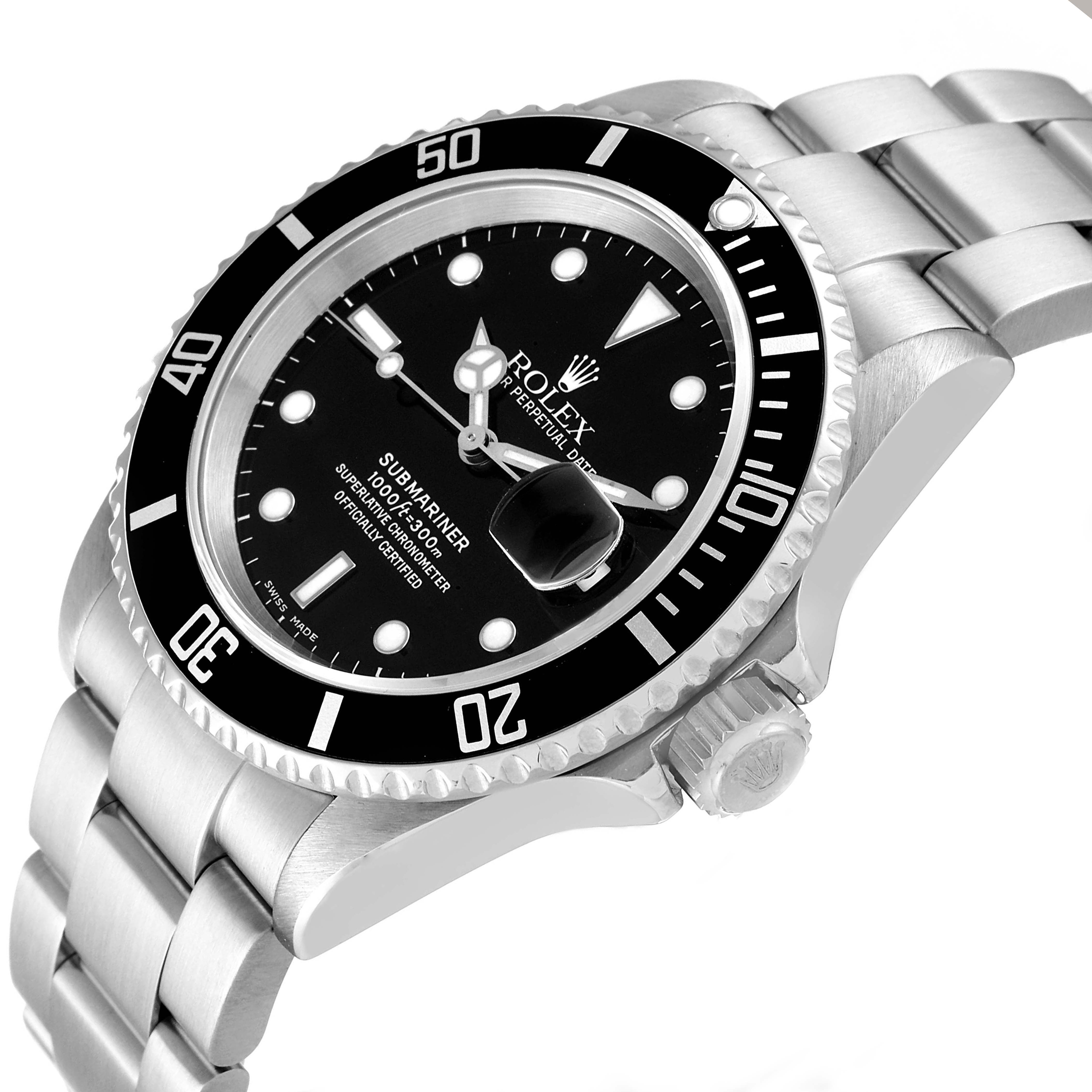 The image shows a Rolex Submariner 16610 Men's Stainless Steel Black Dial 16610 Men's Stainless Steel Black Dial watch at a three-quarter angle, highlighting the face, bezel, crown, and part of the bracelet.