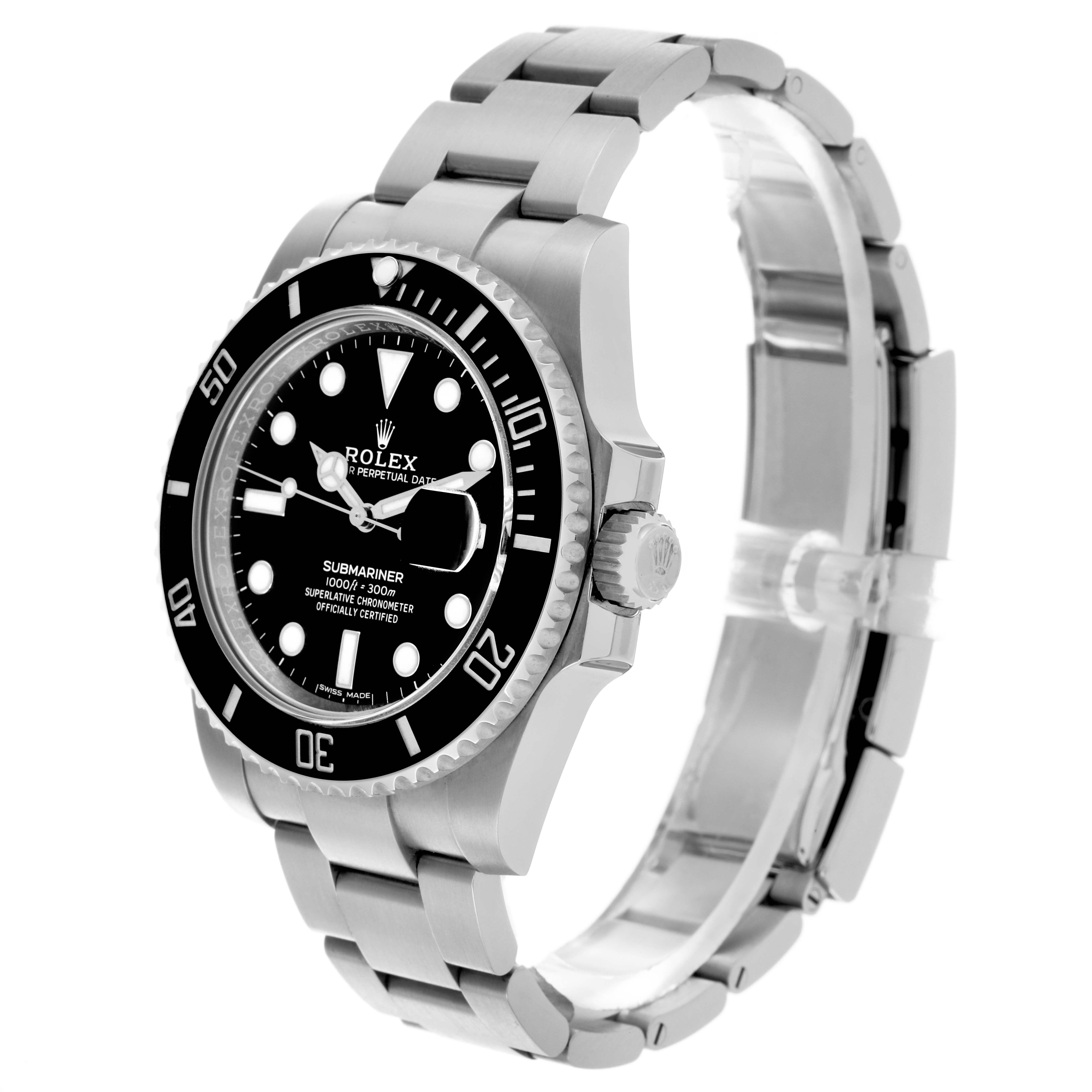 The Rolex Submariner 116610LN Men's Stainless Steel Black Dial 116610LN Men's Stainless Steel Black Dial is shown at an angle displaying the dial, bezel, crown, and bracelet in detail.