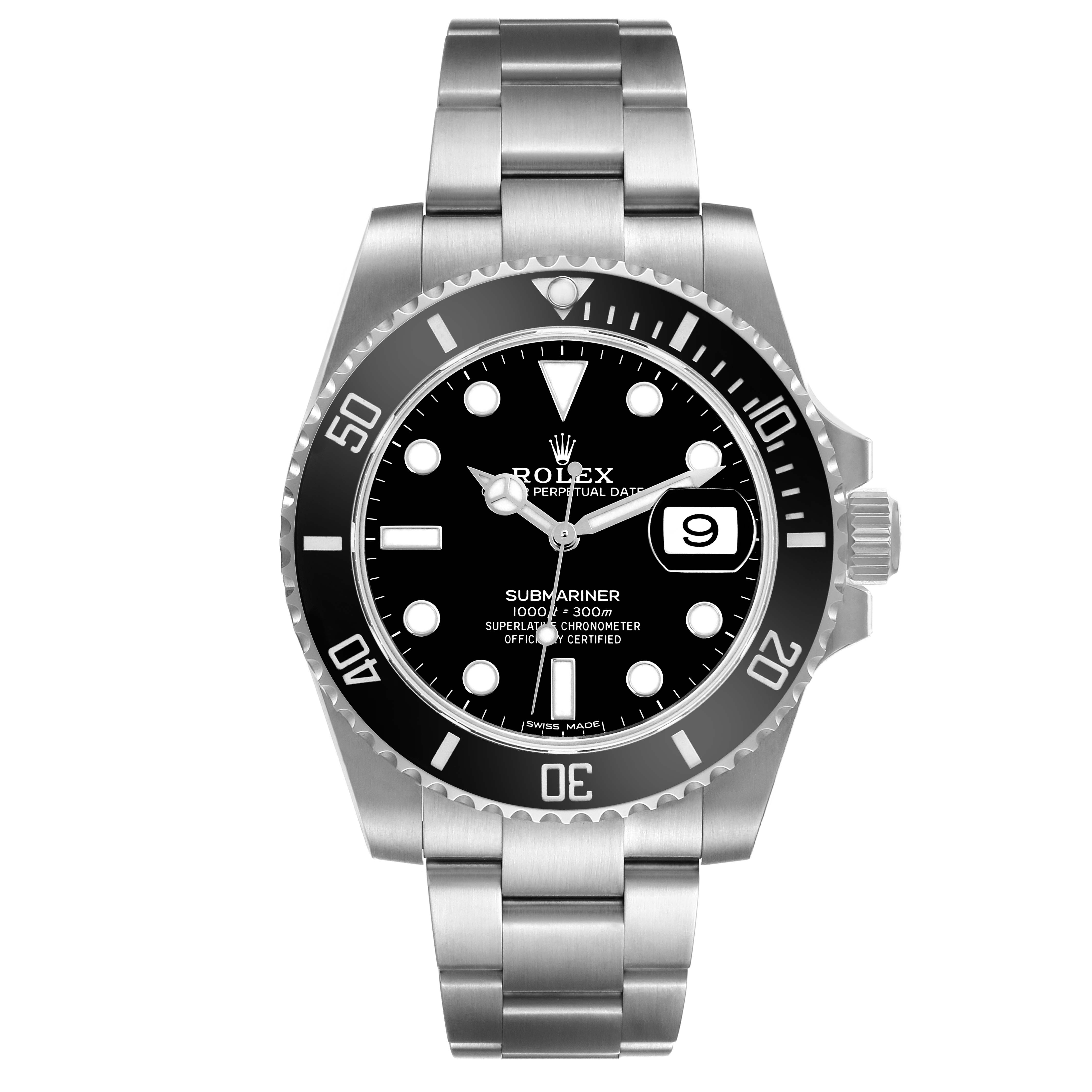 This image shows a front view of the Rolex Submariner 116610LN Men's Stainless Steel Black Dial 116610LN Men's Stainless Steel Black Dial, highlighting its dial, bezel, bracelet, and date window.