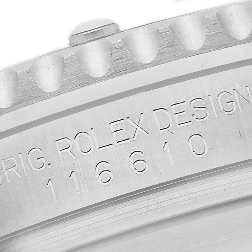The image shows a close-up of the side engraving on a Rolex Submariner 116610LN Men's Stainless Steel Black Dial 116610LN Men's Stainless Steel Black Dial, displaying model number and bezel details.