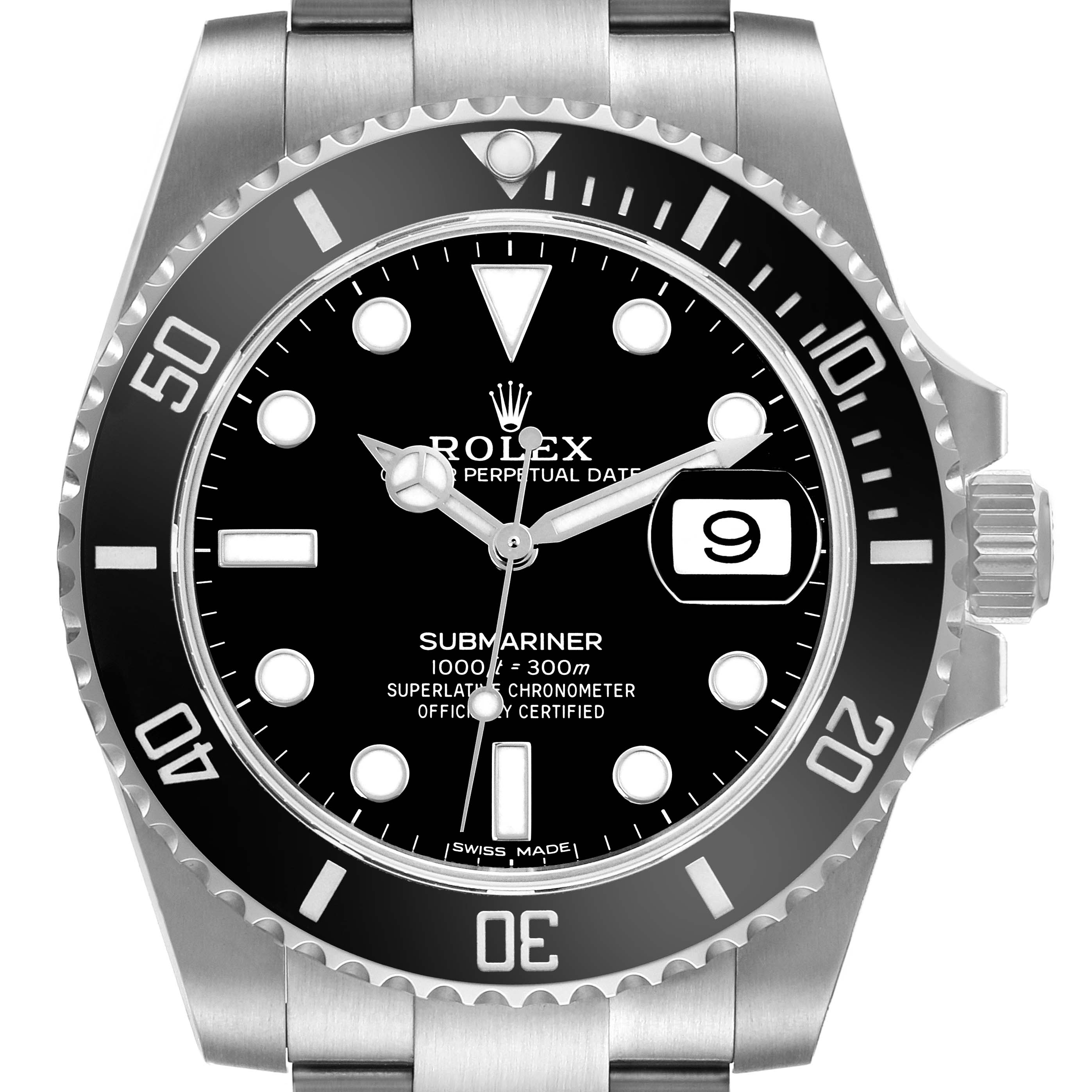 The image shows a frontal view of the Rolex Submariner 116610LN Men's Stainless Steel Black Dial 116610LN Men's Stainless Steel Black Dial watch, highlighting the dial, bezel, and part of the bracelet.