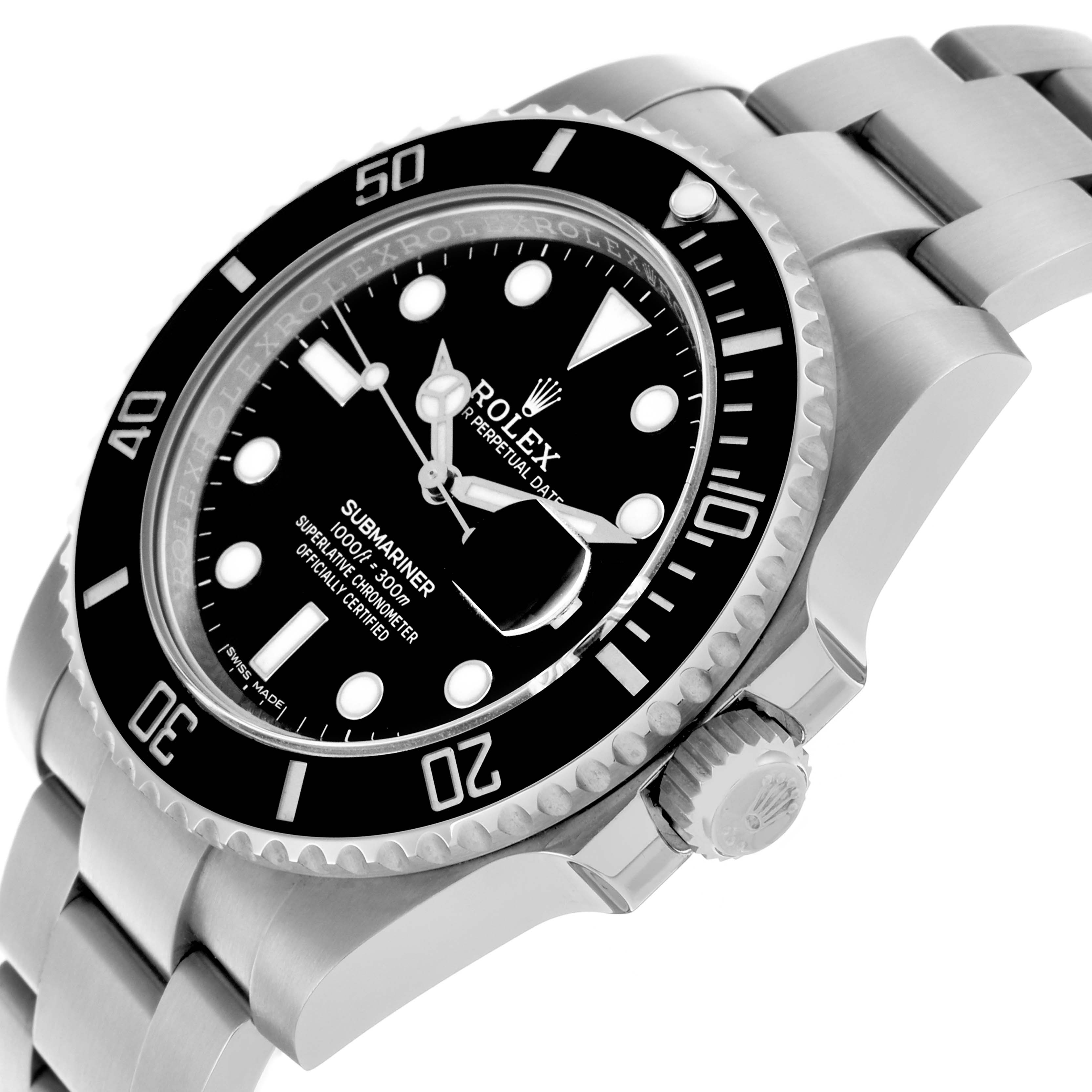 The Rolex Submariner 116610LN Men's Stainless Steel Black Dial 116610LN Men's Stainless Steel Black Dial is shown at a side angle, featuring the bezel, dial, crown, and part of the bracelet.