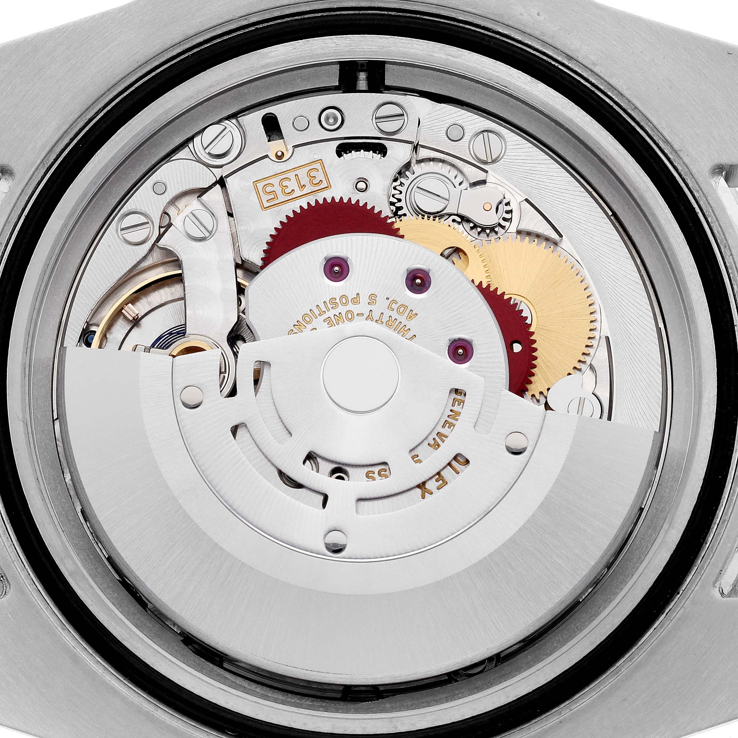 The image shows the back view of a Rolex Submariner 116610LN Men's Stainless Steel Black Dial 116610LN Men's Stainless Steel Black Dial, revealing its intricate internal movement and gears.