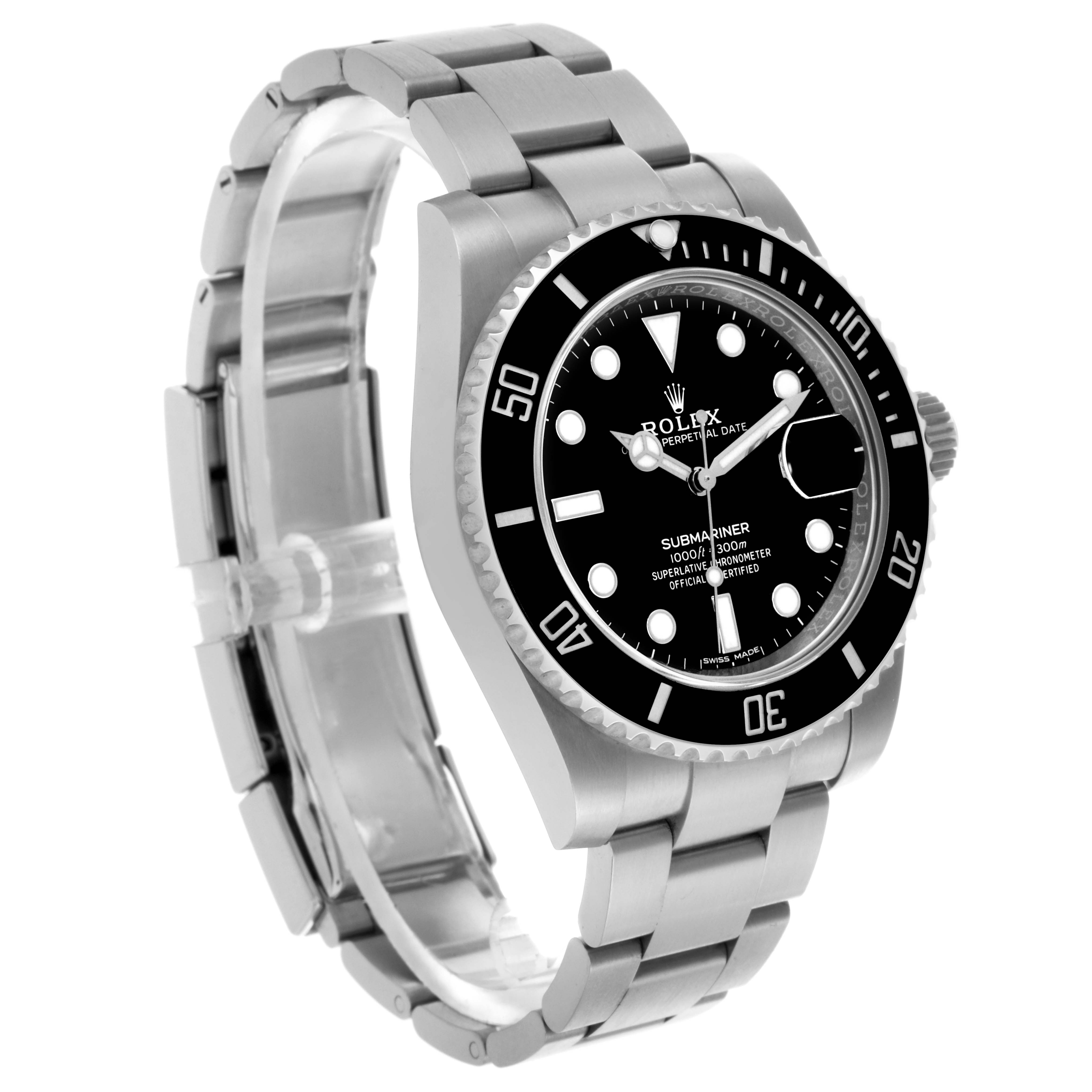 The Rolex Submariner 116610LN Men's Stainless Steel Black Dial 116610LN Men's Stainless Steel Black Dial watch is shown from a side angle, displaying the bezel, dial, and stainless steel bracelet.