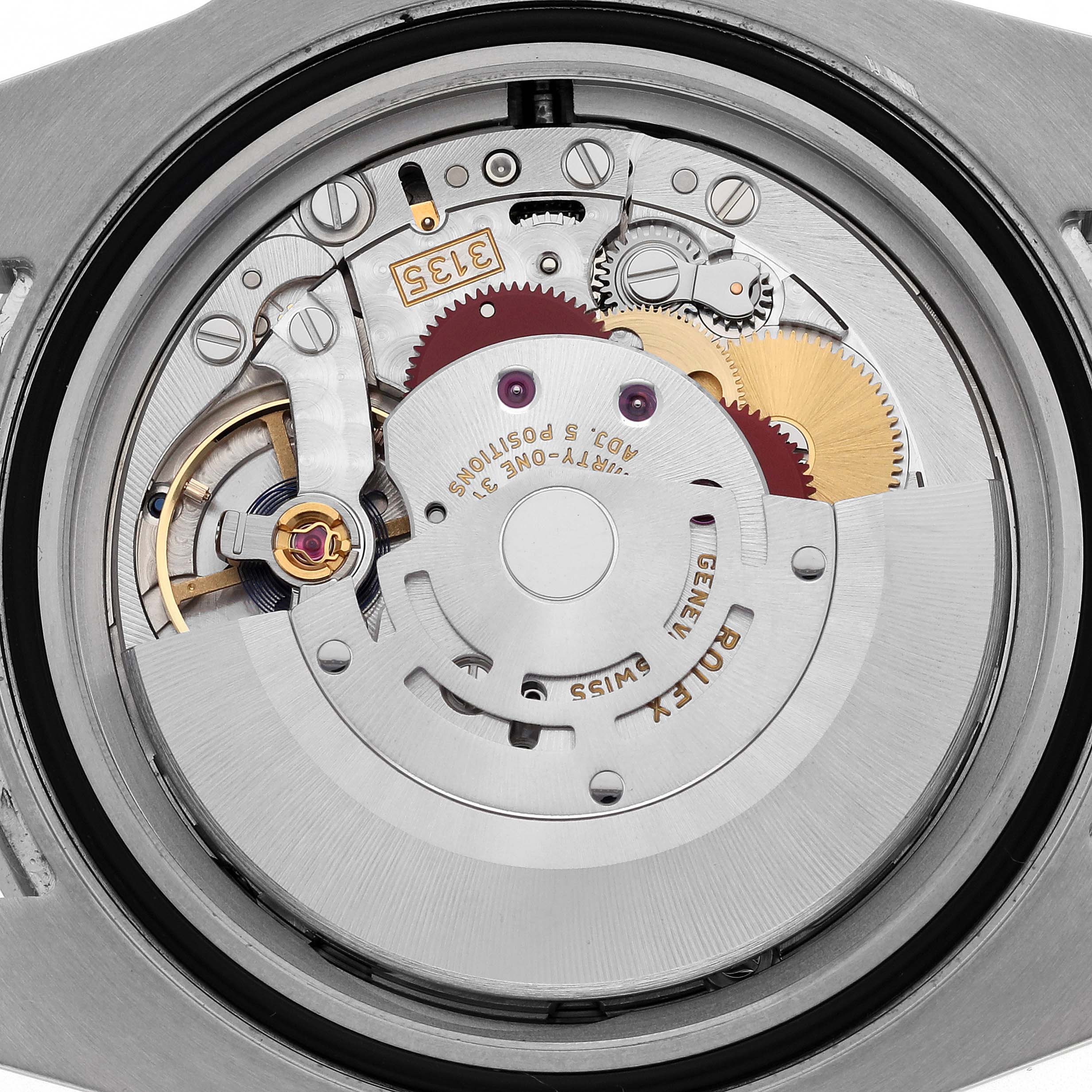 The image shows the movement of a Rolex Submariner 116610LN Men's Stainless Steel Black Dial 116610LN Men's Stainless Steel Black Dial, focusing on its intricate mechanical components from the back.