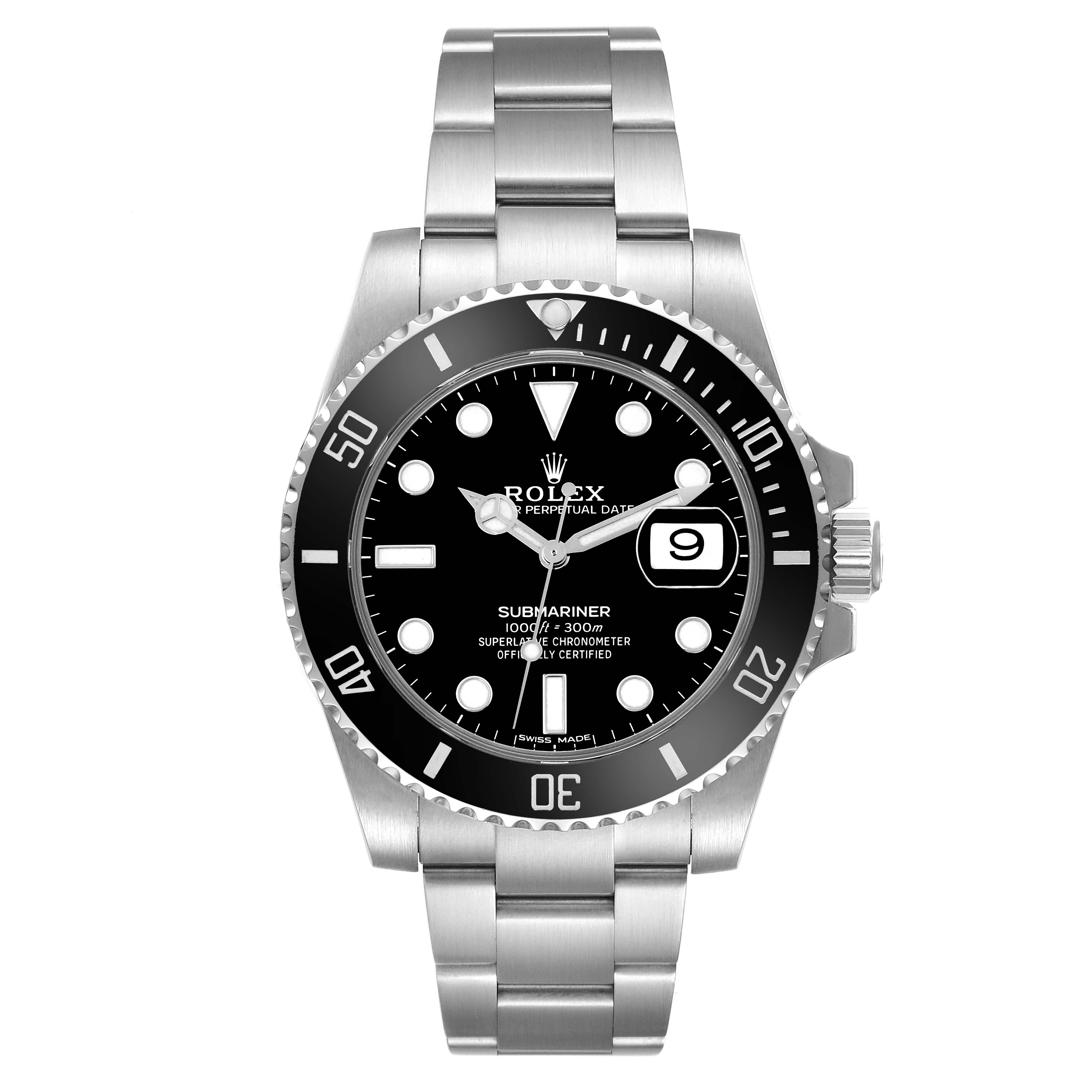 The Rolex Submariner 116610LN Men's Stainless Steel Black Dial 116610LN Men's Stainless Steel Black Dial watch is shown from the front, displaying the face, bezel, and metal bracelet.