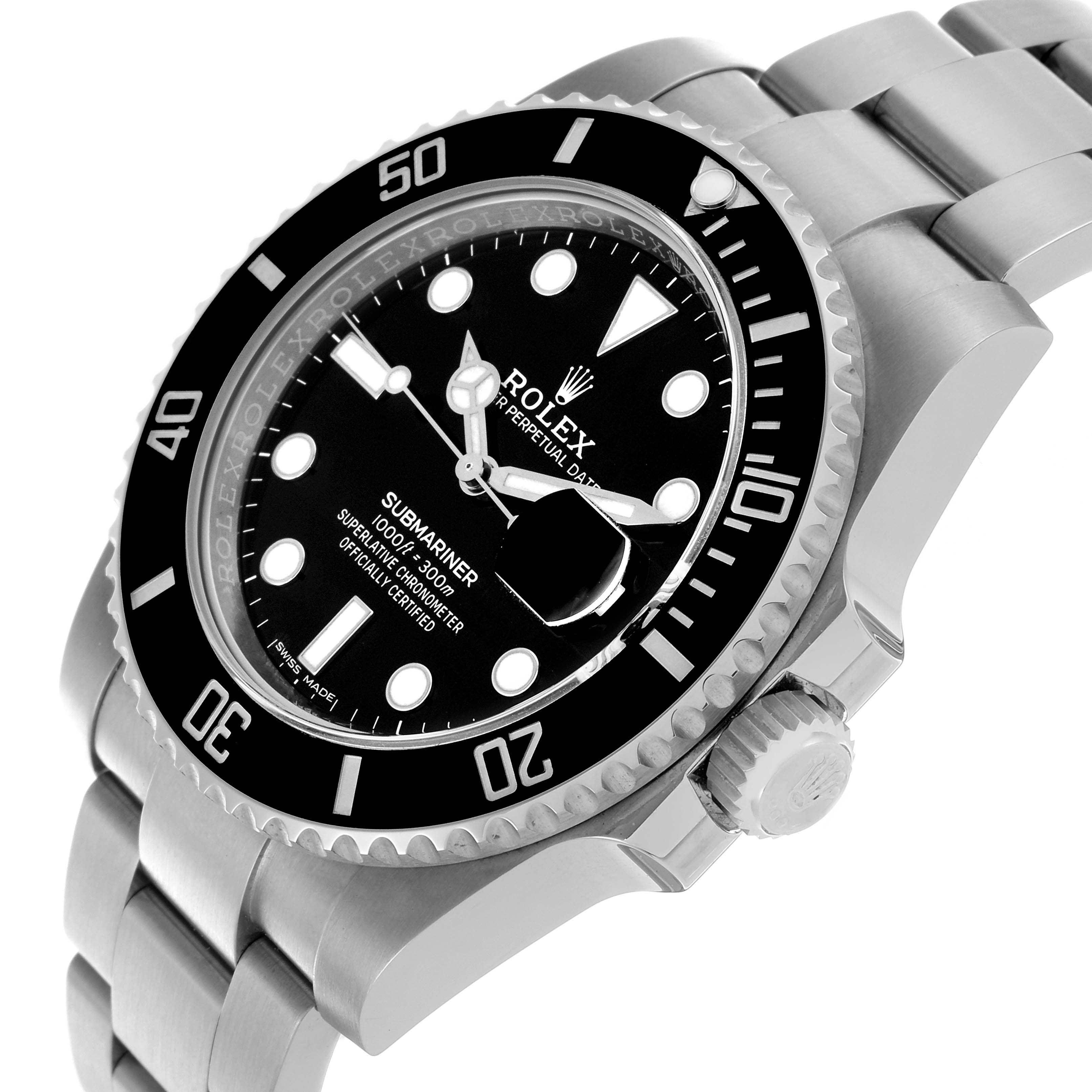 The Rolex Submariner 116610LN Men's Stainless Steel Black Dial 116610LN Men's Stainless Steel Black Dial watch is shown at an angle highlighting the bezel, dial, crown, and partly the bracelet.