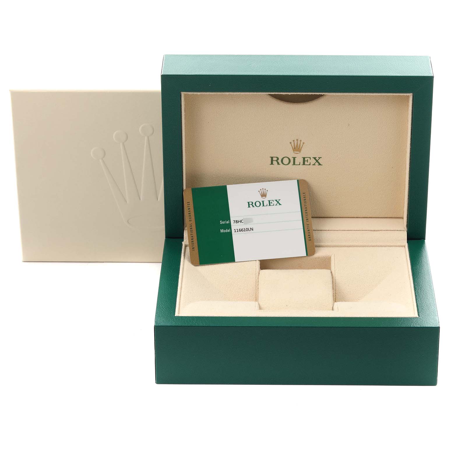 The image shows a Rolex Submariner 116610LN Men's Stainless Steel Black Dial 116610LN Men's Stainless Steel Black Dial watch box, open with a warranty card inside.