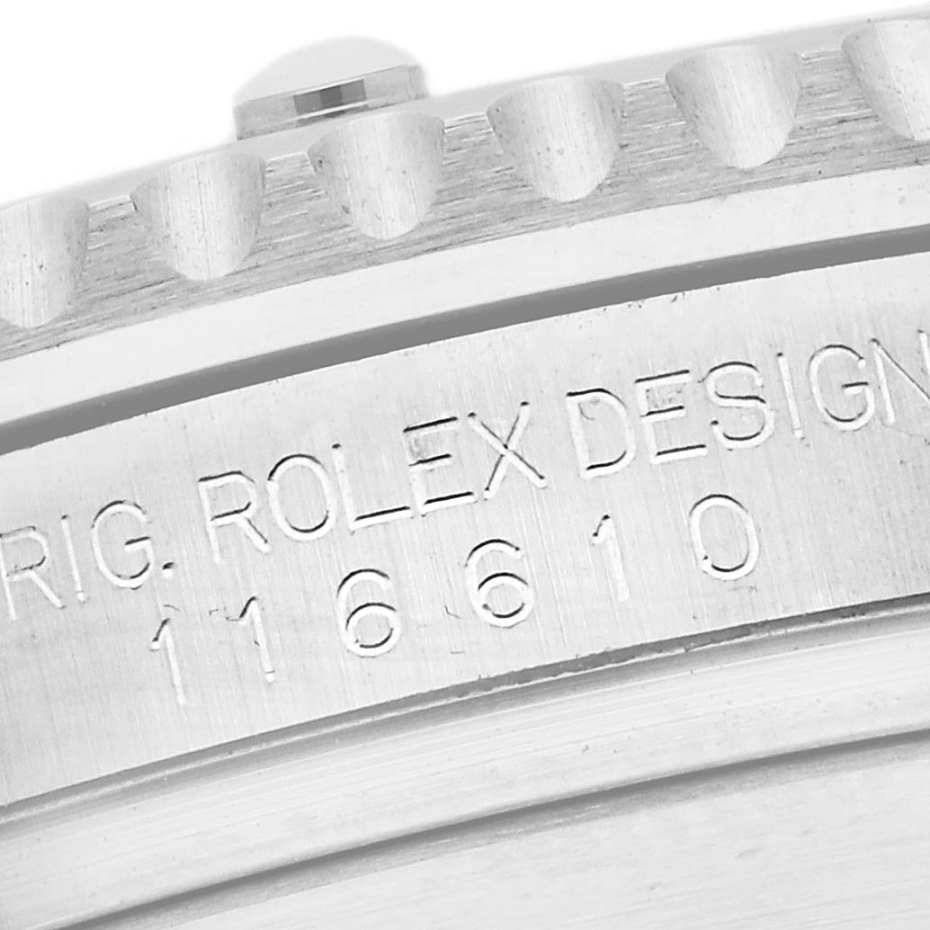 The image shows a close-up of the Rolex Submariner 116610LN Men's Stainless Steel Black Dial 116610LN Men's Stainless Steel Black Dial case side with the model number engraved.